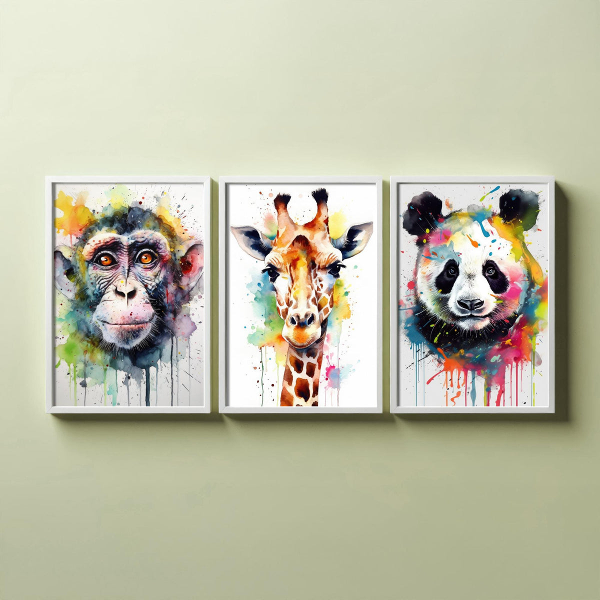 Watercolour Animal Faces Set of Three Art Prints - Monkey, Giraffe, Panda - Rainbow Splash Wildlife Painting Poster