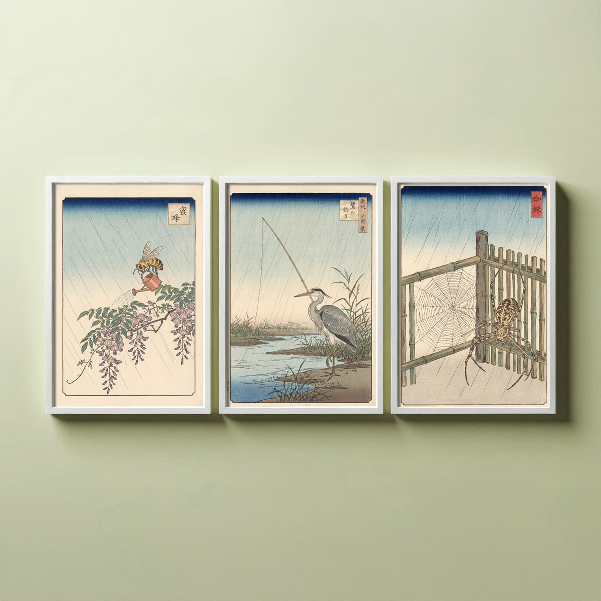 Animals at Work Set of Three Art Prints - Bee, Heron and Spider in the Rain - Japanese Ukiyo-e Woodblock Posters V1 - After Hiroshige
