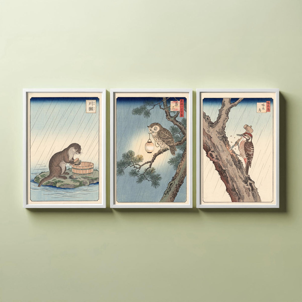 Animals at Work Set of Three Art Prints - Otter, Owl and Woodpecker in the Rain - Japanese Ukiyo-e Woodblock Posters V2 - After Hiroshige