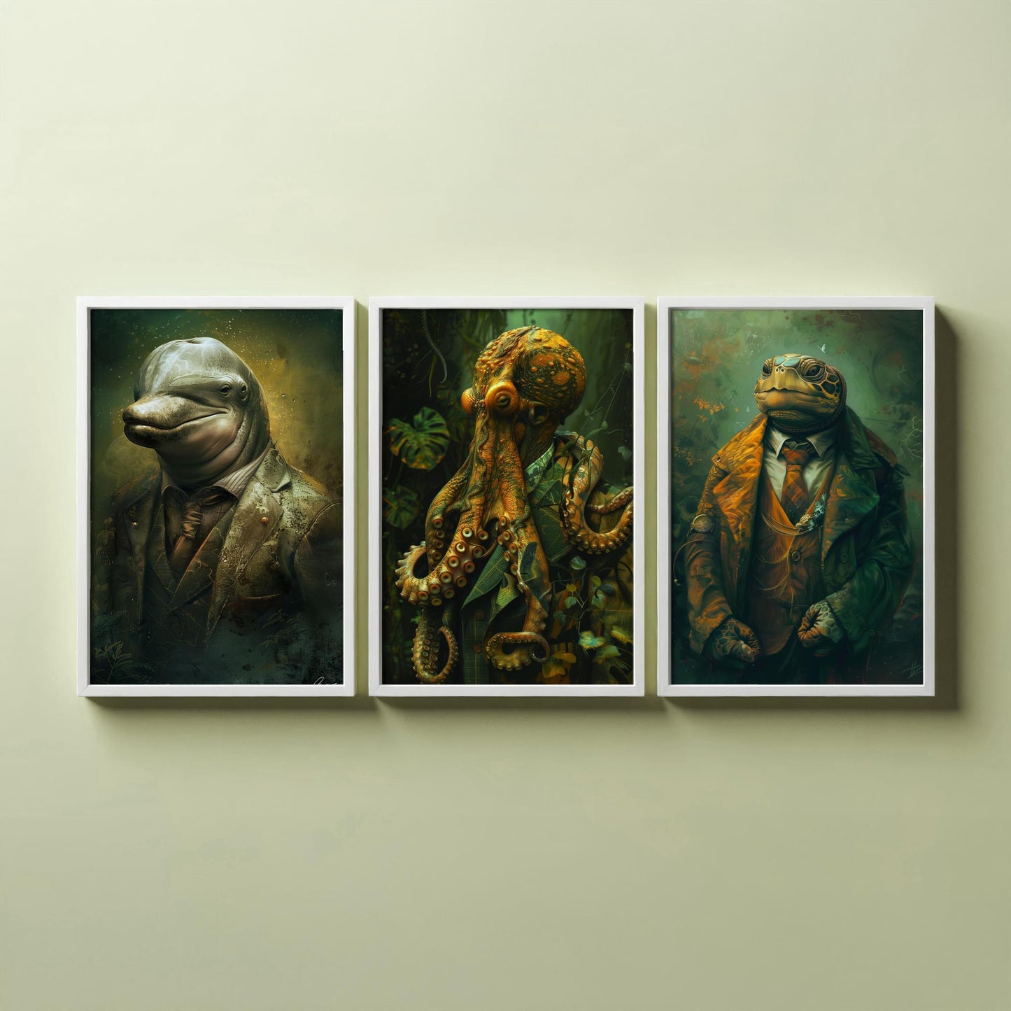 Animals in Suits Set of Three Art Prints - Dolphin, Octopus, Turtle Portrait Posters - Under the Sea Gentleman Painting