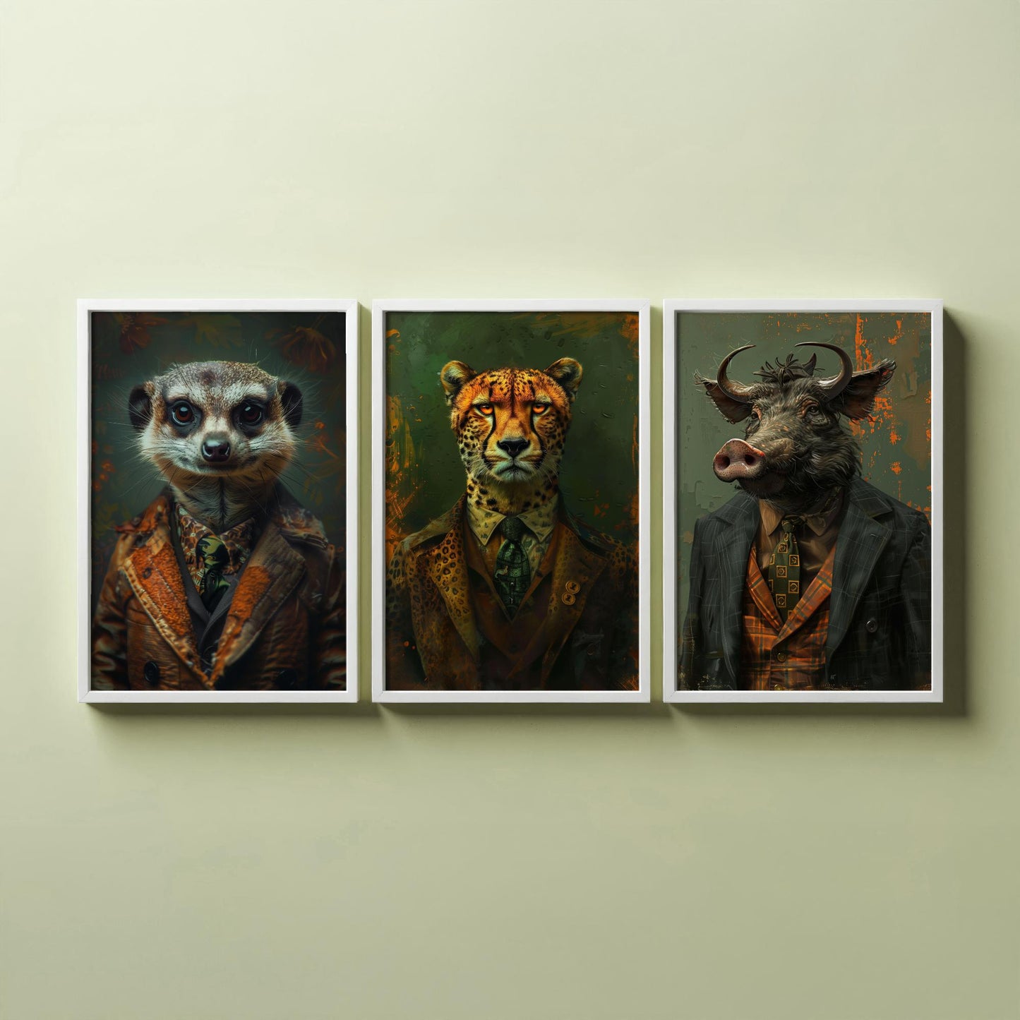 Animals in Suits Set of Three Art Prints - Meerkat, Cheetah, Warthog Portrait Posters - African Safari Animal Painting
