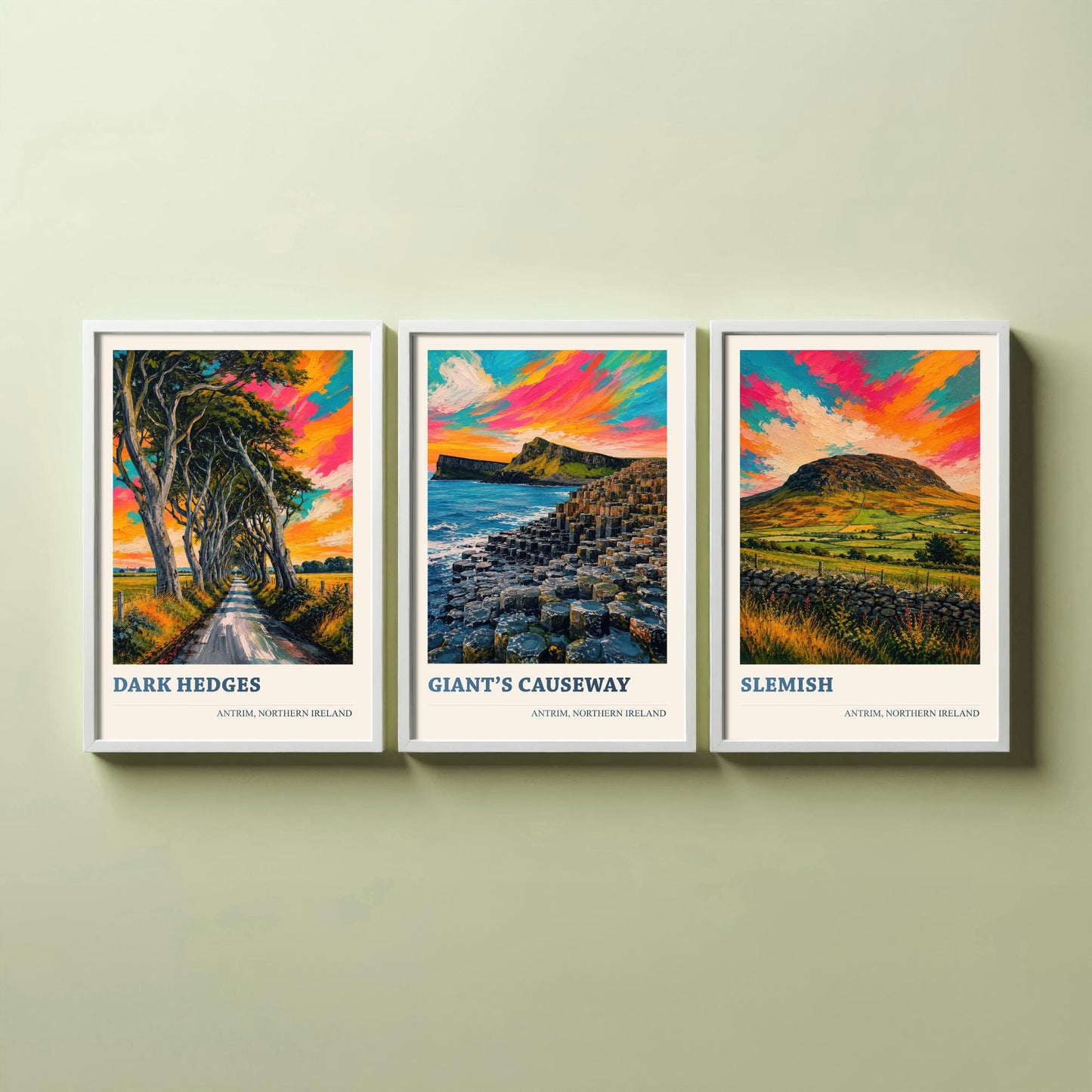 Antrim Northern Ireland Set of Three Prints | Dark Hedges Giants Causeway Slemish | Vibrant Impasto Painting Wall Art Poster