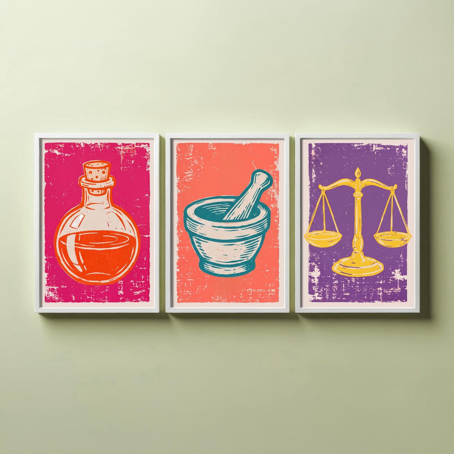 Set of Three Apothecary Art Prints - Potion Bottle, Mortar and Pestle & Balance Scales - Linocut Style Illustrations - Posters V1