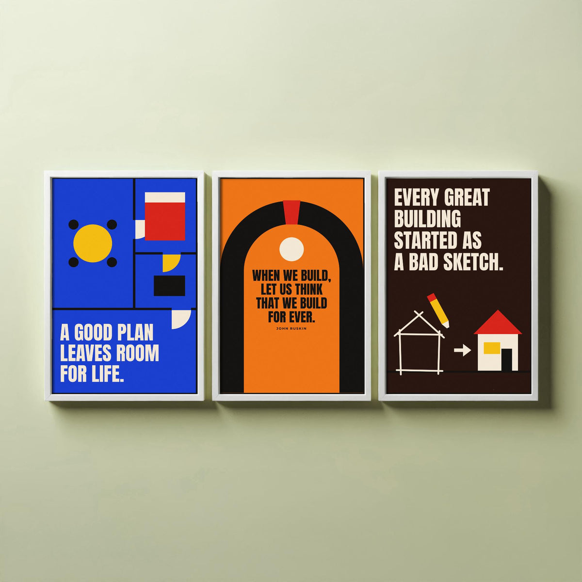 Architecture Quotes Set of Three Art Prints - 3 Retro Bauhaus Architect Posters - Minimalist Design Wall Art Illustration V2