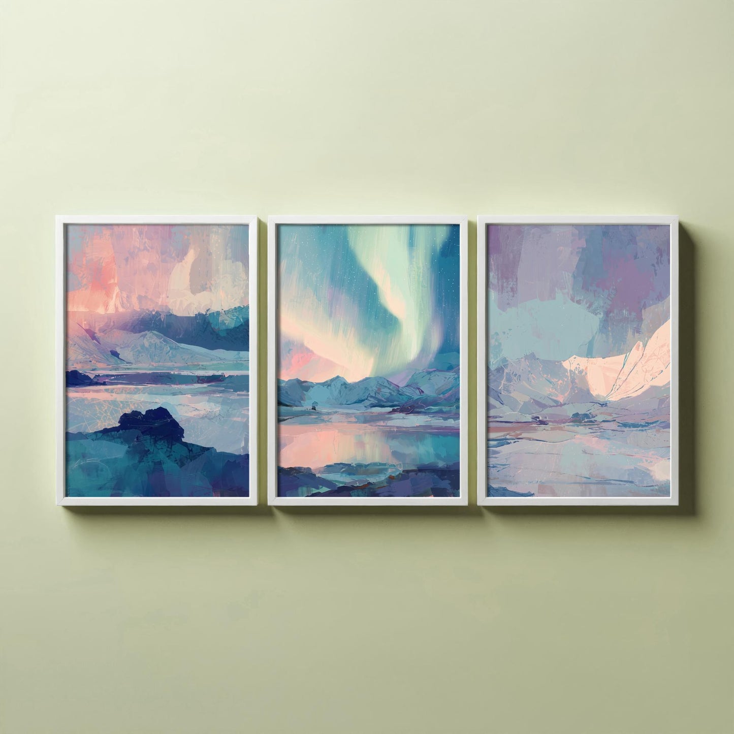 Arctic Northern Lights Set of Three Art Prints - Aurora Over Icy Mountains - Pastel Blue and Pink Posters - Abstract Painting V1