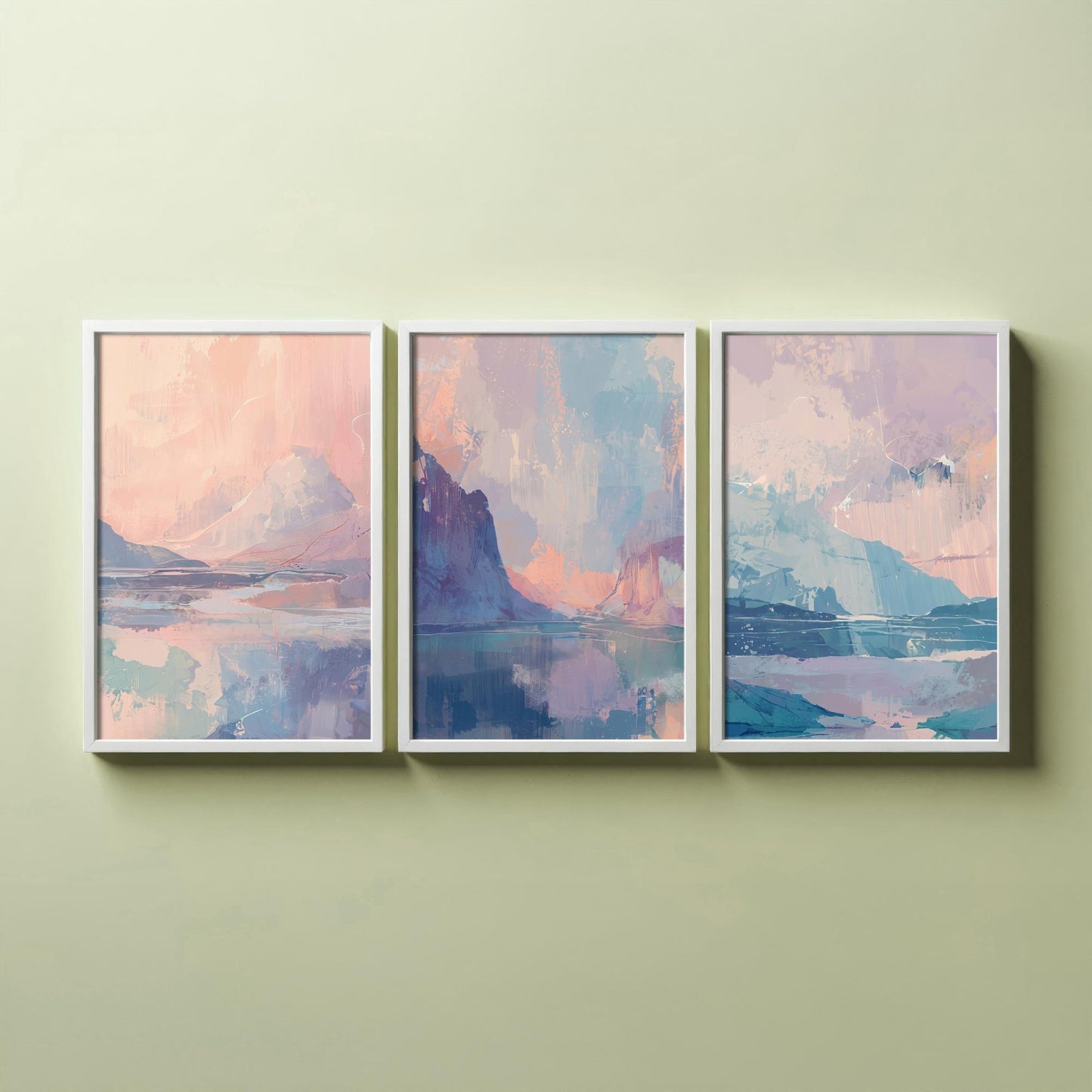 Aurora Arctic Set of Three Art Prints - Dreamy Glacier Peaks in Blush and Powder Blue - Pastel Abstract Landscape Posters Painting V2