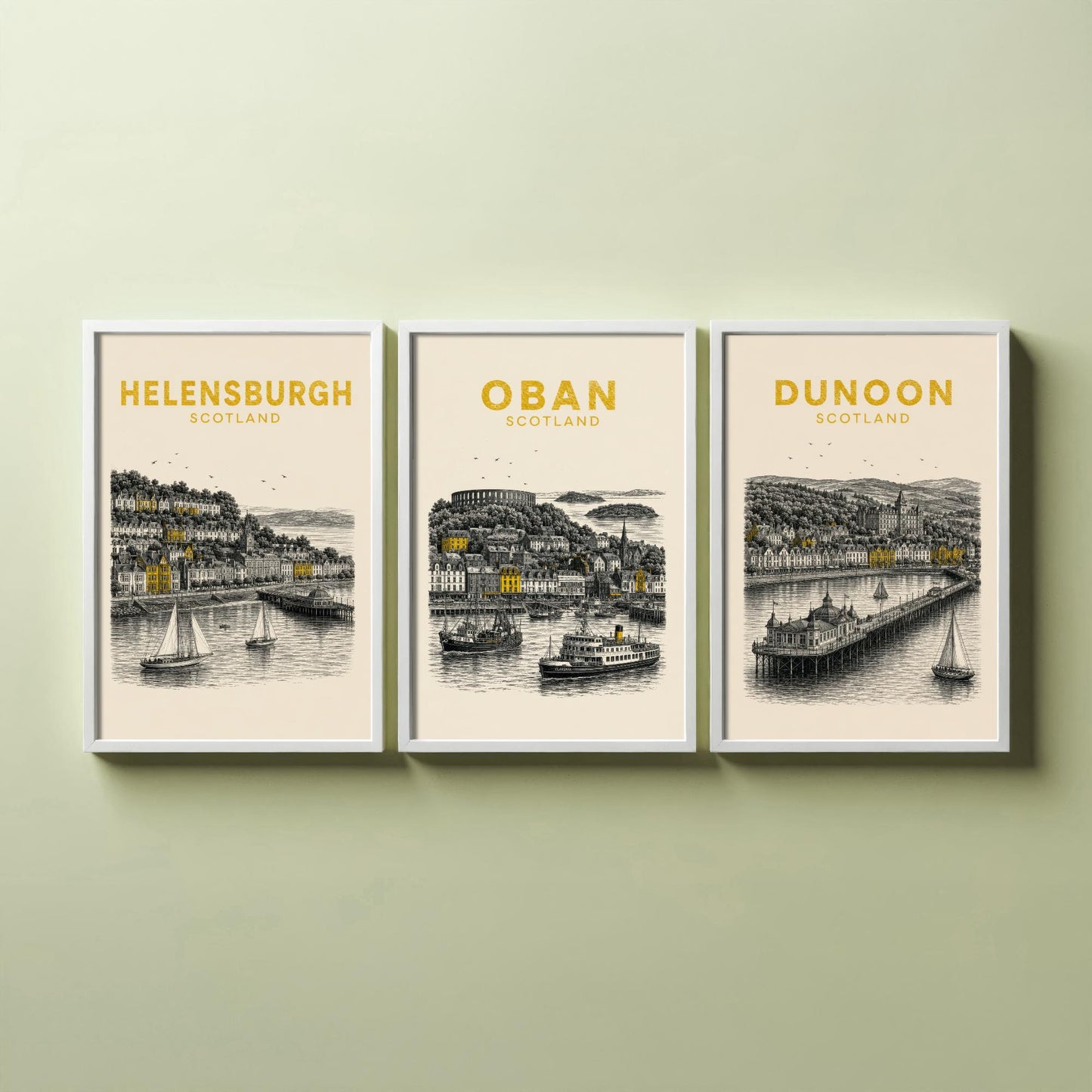 Set of Three Argyll and Bute Travel Posters - Helensburgh, Oban, Dunoon - Vintage Duotone Art Prints - Scotland Illustration Gift