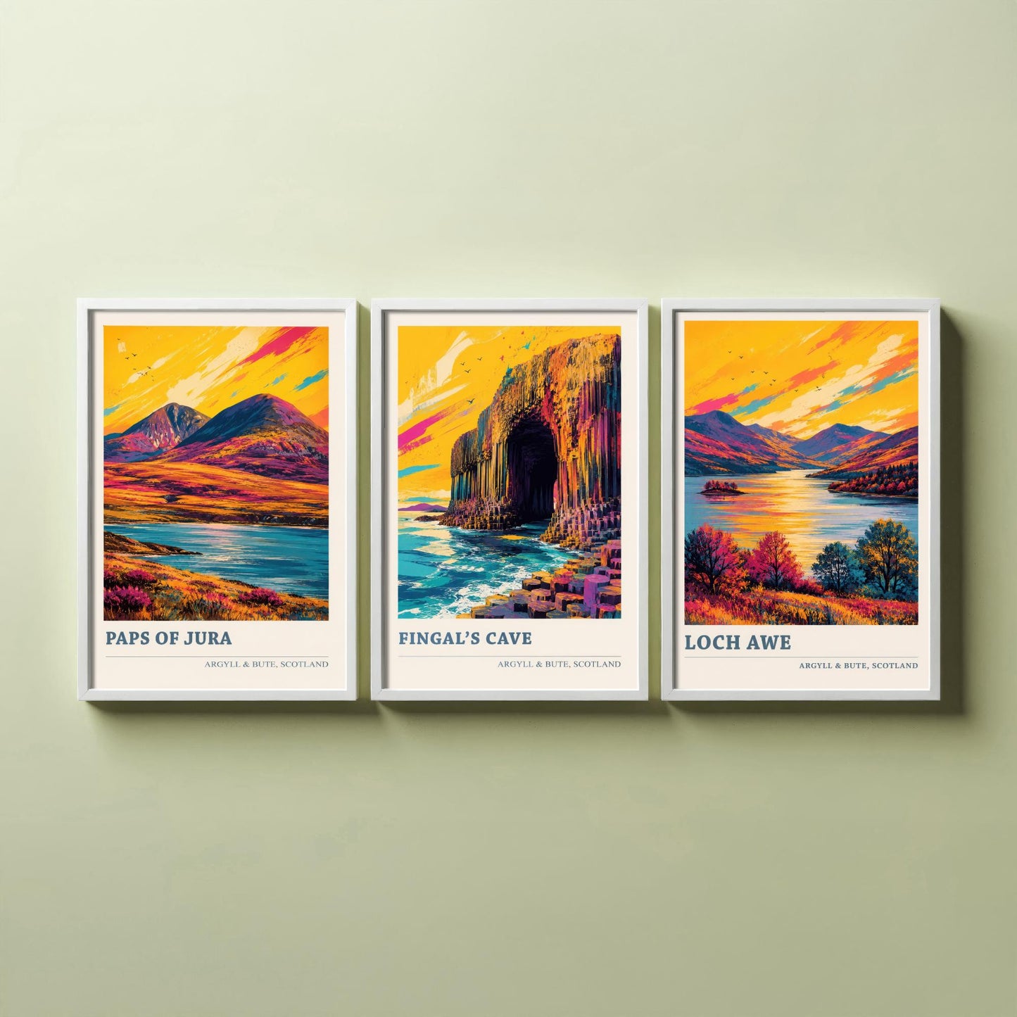 Argyll and Bute Scotland Set of Three Prints | Paps of Jura Fingals Cave Loch Awe | Vibrant Highland Painting Wall Art Poster