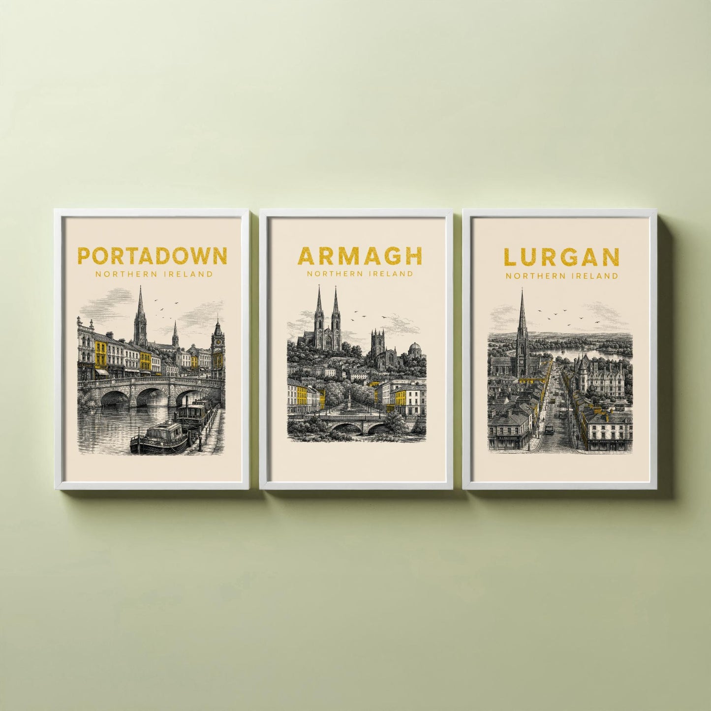Set of Three Armagh Travel Posters - Portadown, Armagh, Lurgan - Vintage Duotone Art Prints - Northern Ireland Illustration Gift