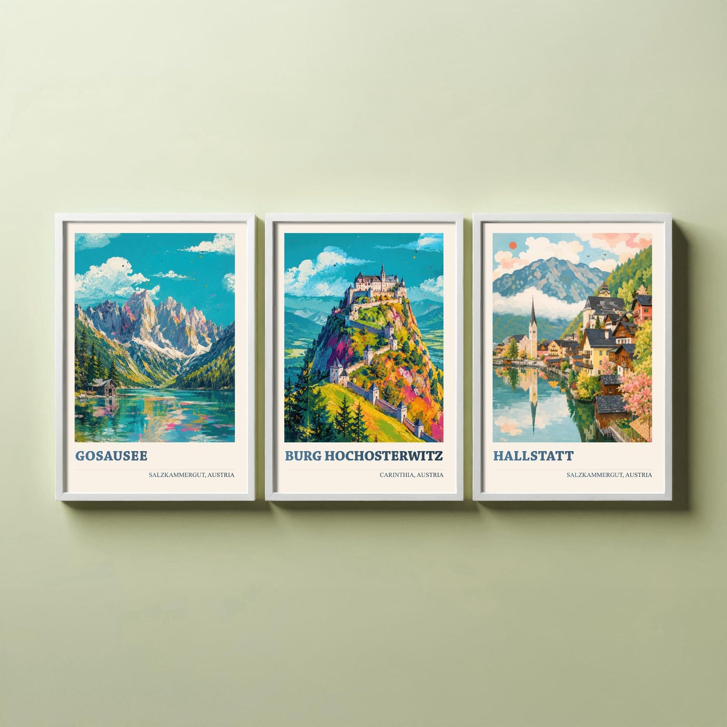 Austria Set of Three Prints | Gosausee Burg Hochosterwitz Hallstatt | Alpine Lake and Castle Painting Posters Wall Art V1