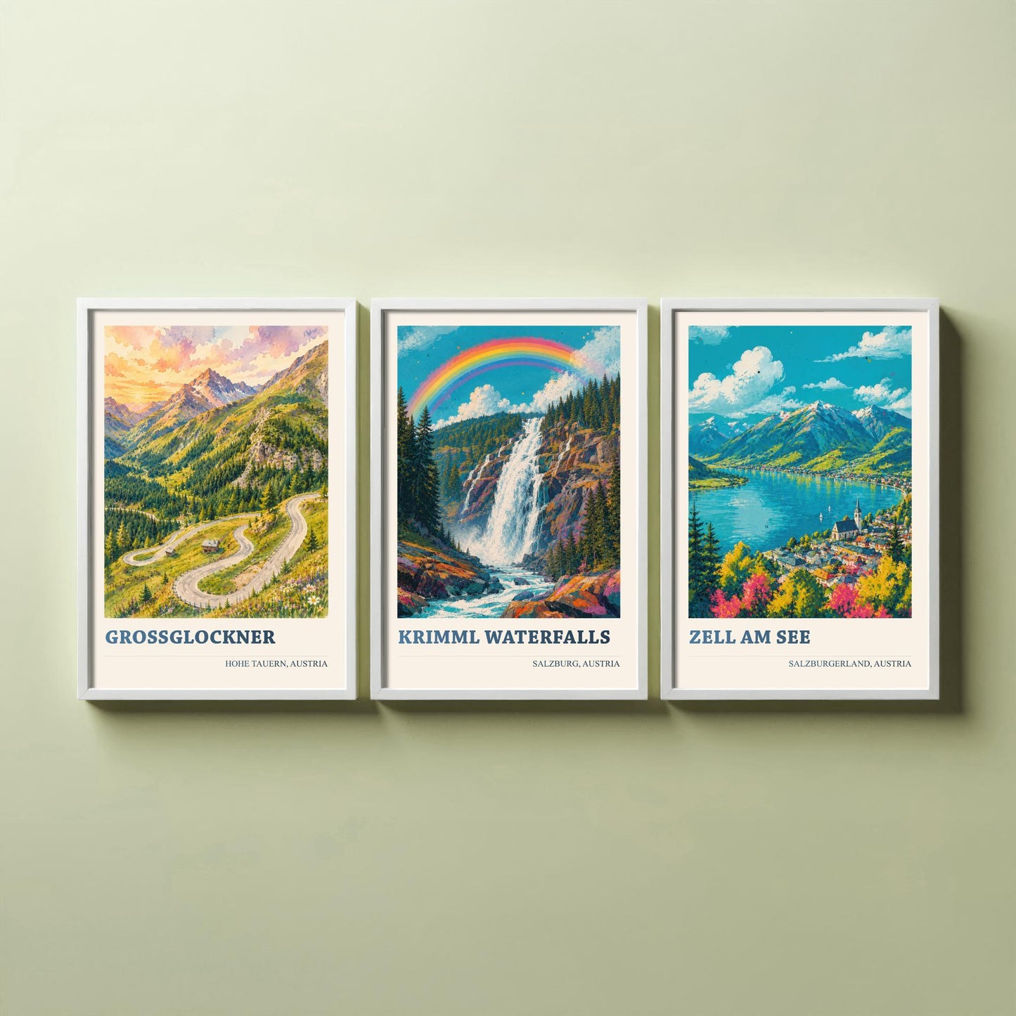Austria Alps Set of Three Prints | Grossglockner Krimml Waterfalls Zell am See | Rainbow Alpine Painting Posters Wall Art V2