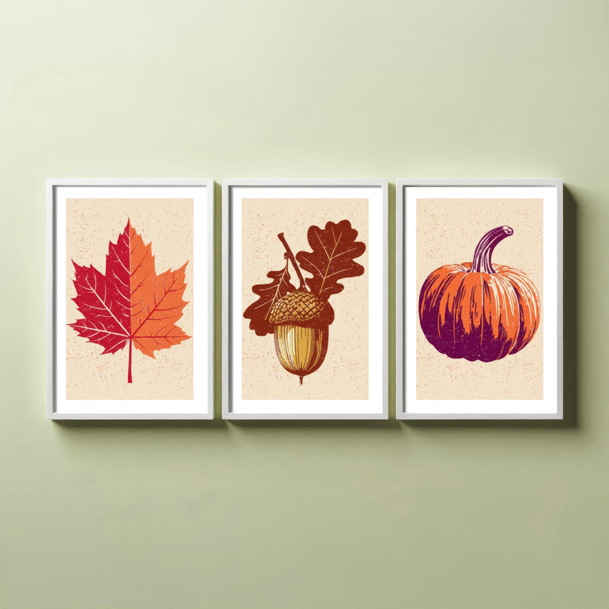 Autumn Harvest Maple Leaf, Acorn and Pumpkin Set of Three Art Prints - Linocut Style Woodcut Poster - Rustic Fall Kitchen Decor V1