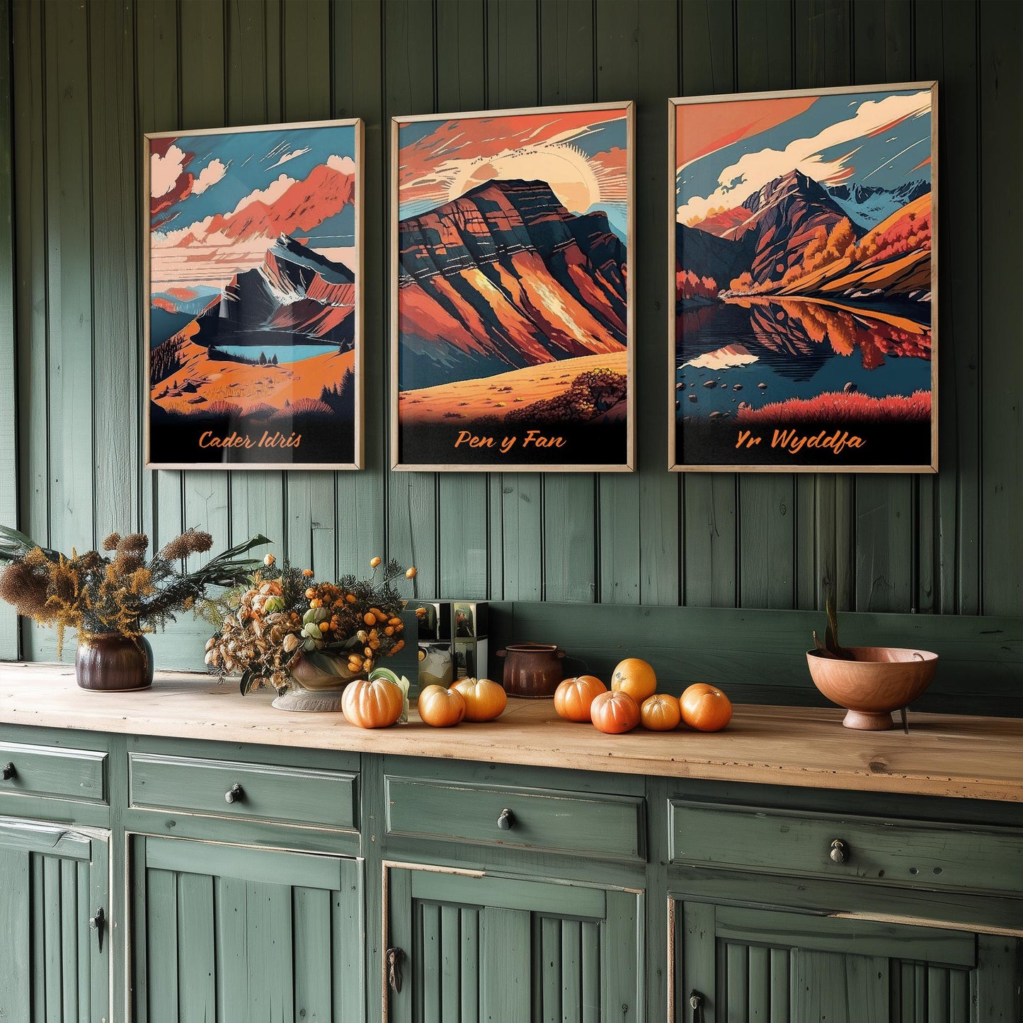 Set of Three Welsh Mountains in Autumn Travel Posters (Welsh Names) - Set of 3 Cader Idris, Pen y Fan, Yr Wyddfa, Paintings Wall Art Print