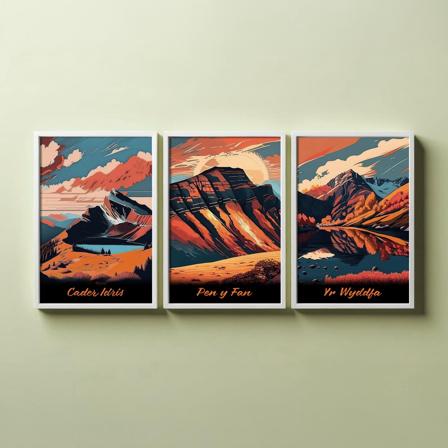 Set of Three Peaks of Wales Travel Posters - Cader Idris, Pen y Fan, Yr Wyddfa - 3 Autumn Mountain Art Prints - Bold Sunset Painting