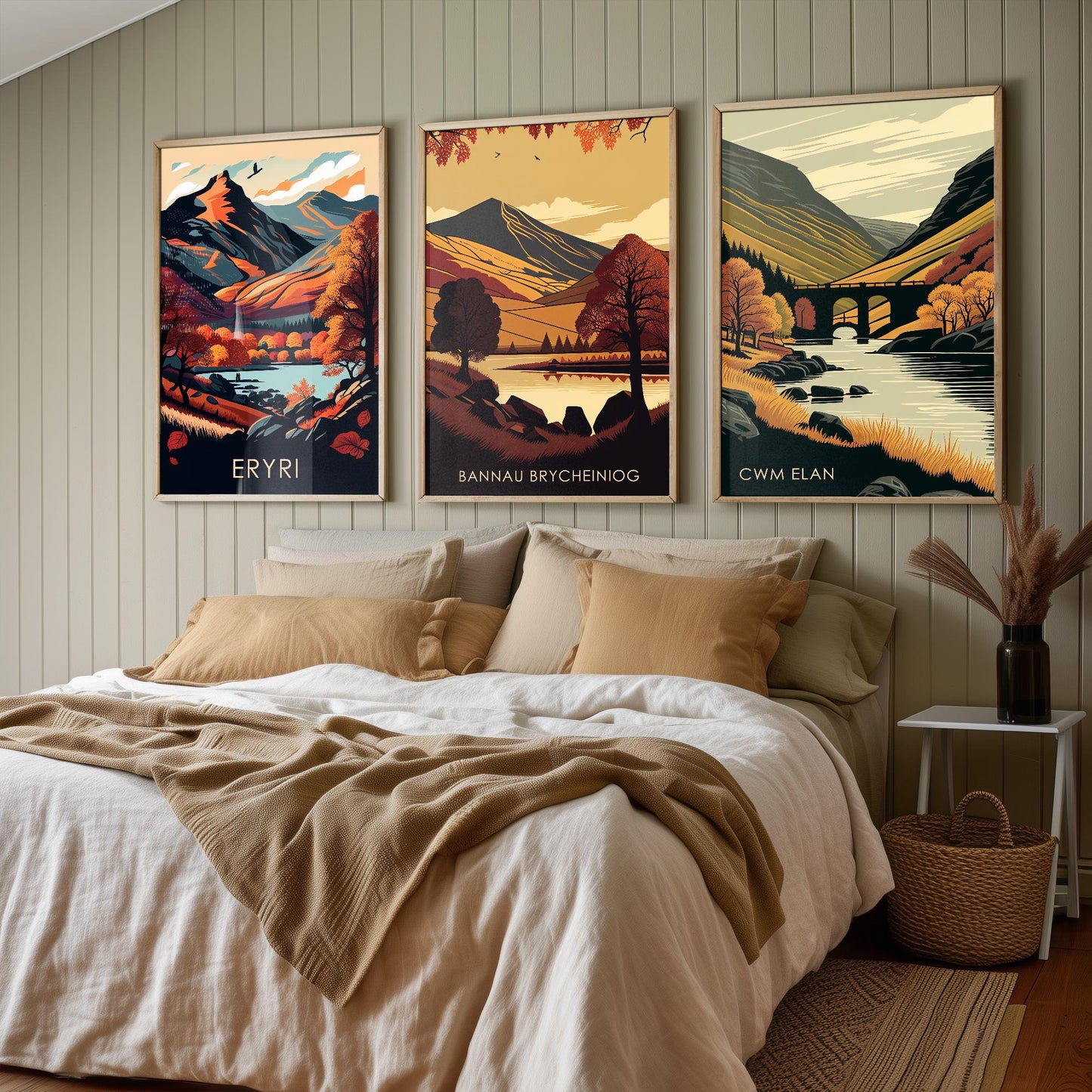 Set of Three Welsh Locations in Autumn Travel Posters (Welsh Names) - Set of 3 Bannau Brycheiniog, Cwm Elan, Eryri Vector Paintings Wall Art