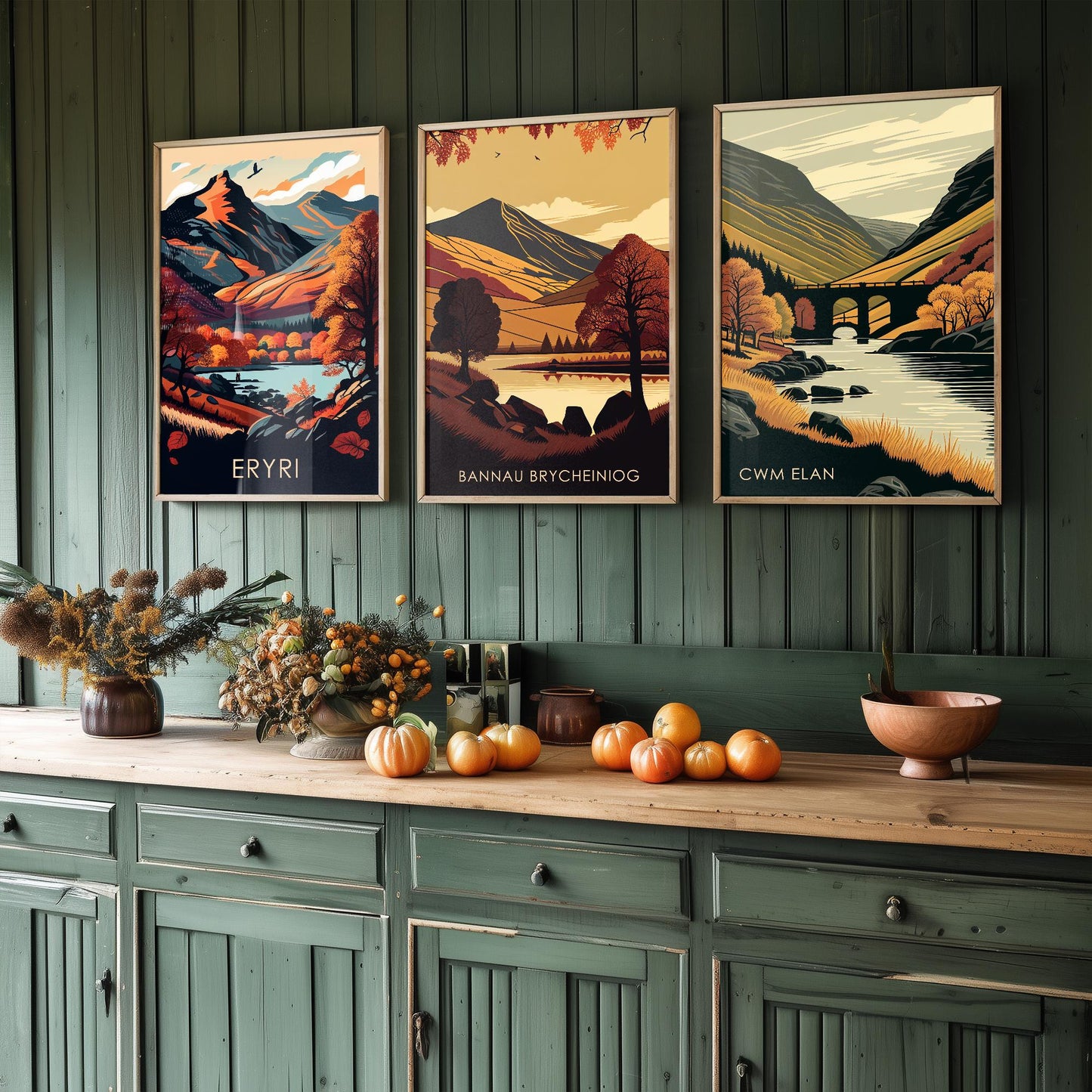 Set of Three Welsh Locations in Autumn Travel Posters (Welsh Names) - Set of 3 Bannau Brycheiniog, Cwm Elan, Eryri Vector Paintings Wall Art