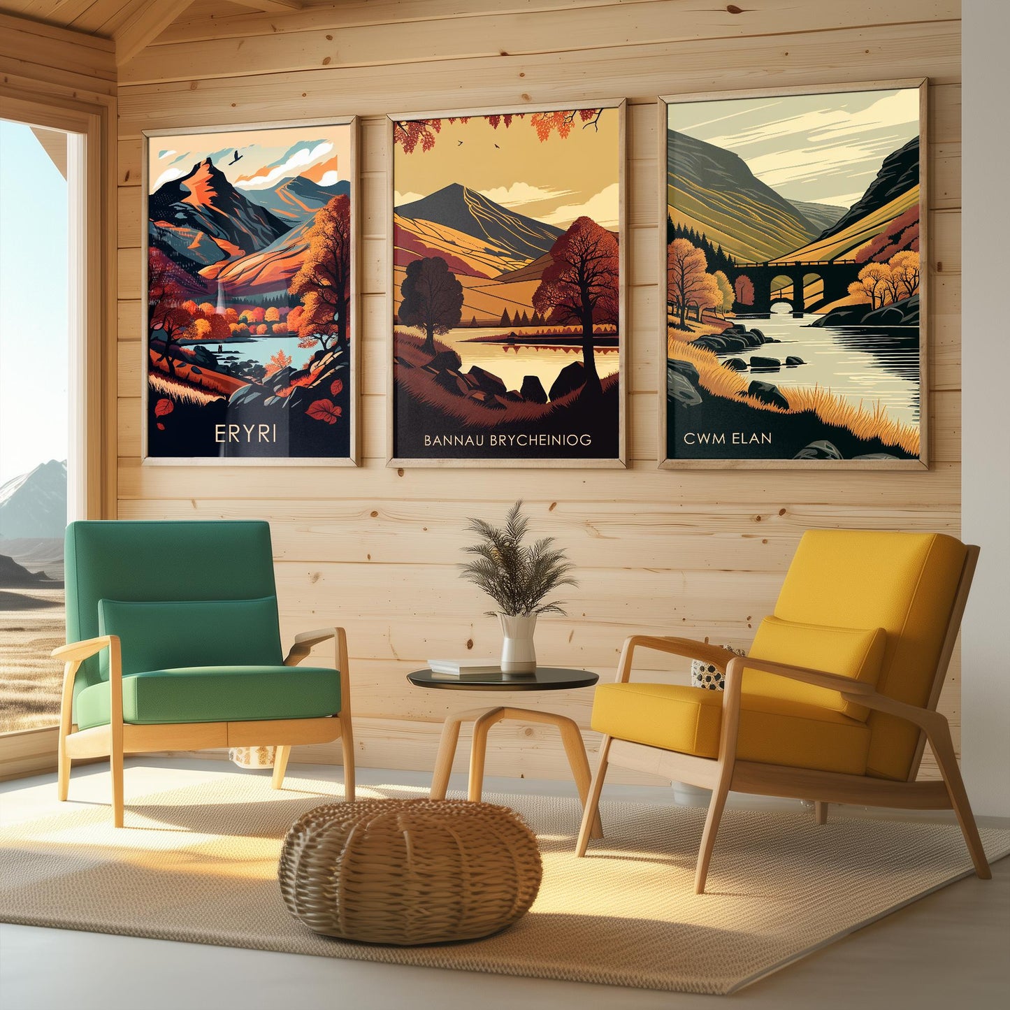 Set of Three Welsh Locations in Autumn Travel Posters (Welsh Names) - Set of 3 Bannau Brycheiniog, Cwm Elan, Eryri Vector Paintings Wall Art