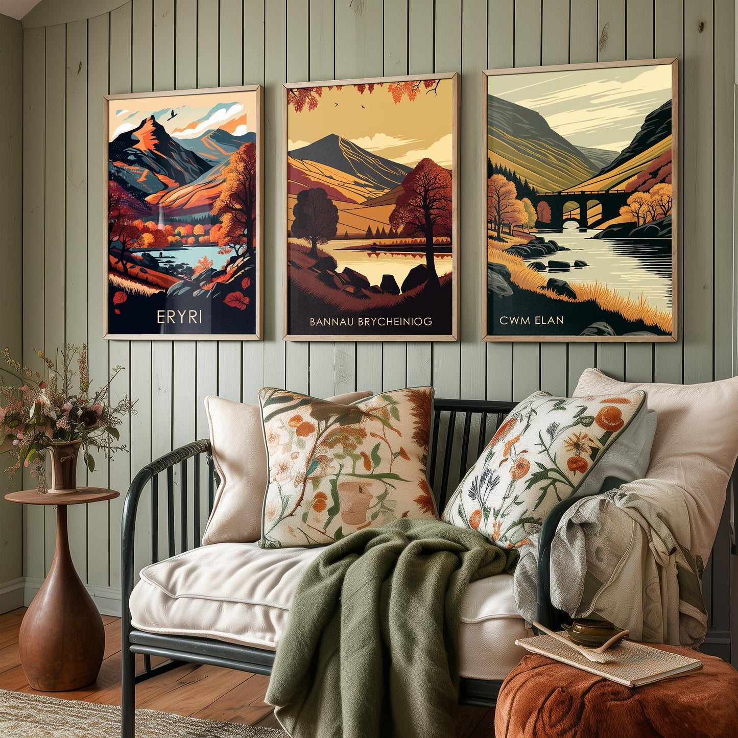 Set of Three Welsh Locations in Autumn Travel Posters (Welsh Names) - Set of 3 Bannau Brycheiniog, Cwm Elan, Eryri Vector Paintings Wall Art