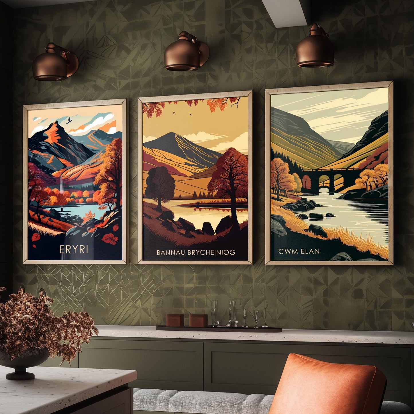 Set of Three Welsh Locations in Autumn Travel Posters (Welsh Names) - Set of 3 Bannau Brycheiniog, Cwm Elan, Eryri Vector Paintings Wall Art