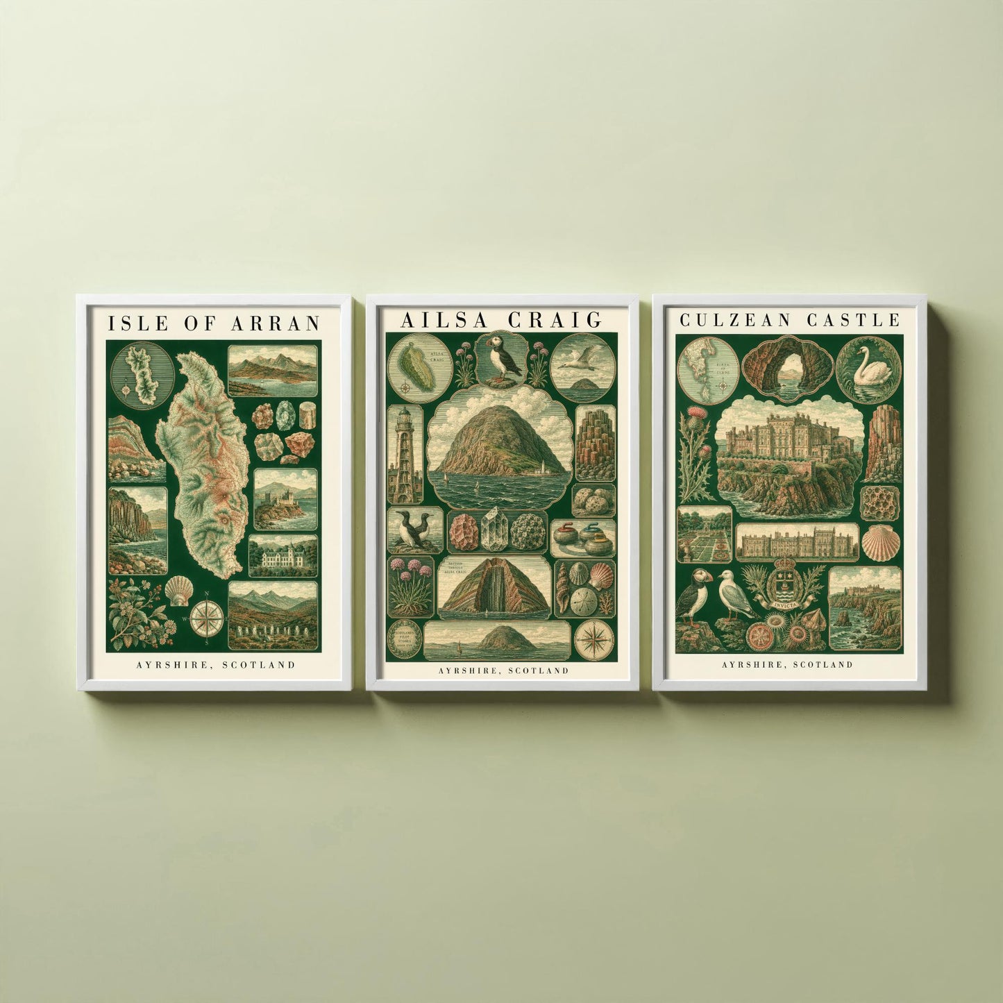Ayrshire Scotland Set of Three Art Prints - Isle of Arran, Ailsa Craig, Culzean Castle - Vintage Natural History Chart Posters - Drawing