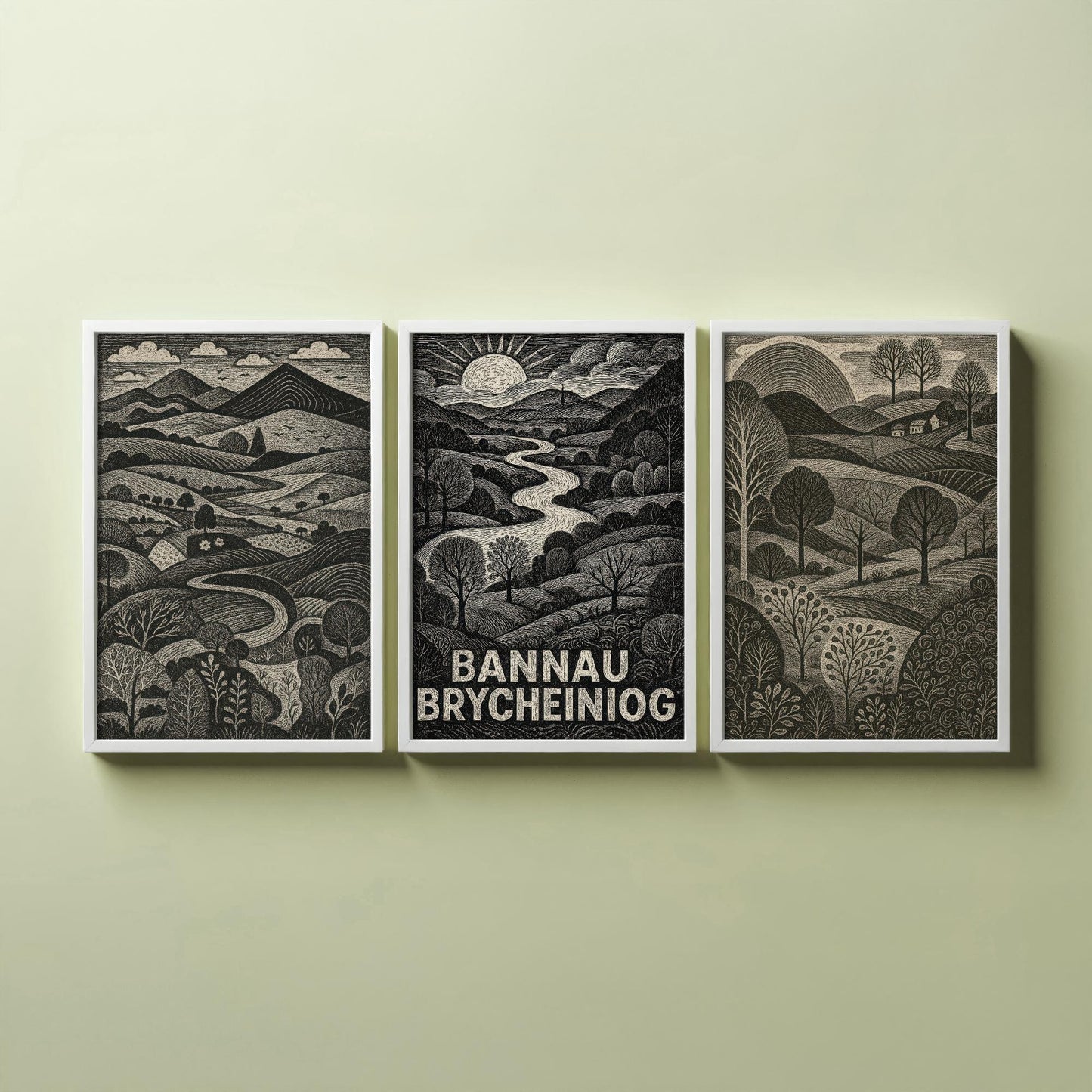 Bannau Brycheiniog Set of Three Art Prints - Black and White Welsh Woodcut Posters - Brecon Beacons Landscape Wall Decor