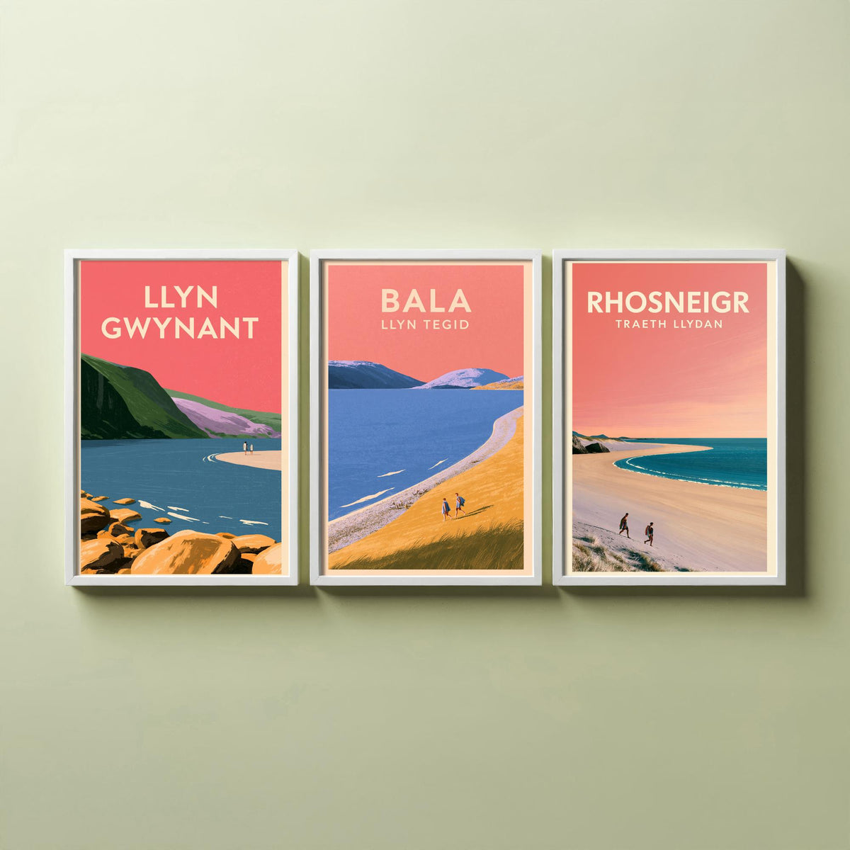 Llyn Gwynant, Bala and Rhosneigr Set of Three Art Prints - Pink Summer North Wales Lake and Beach Posters - Eryri Anglesey Illustration V2