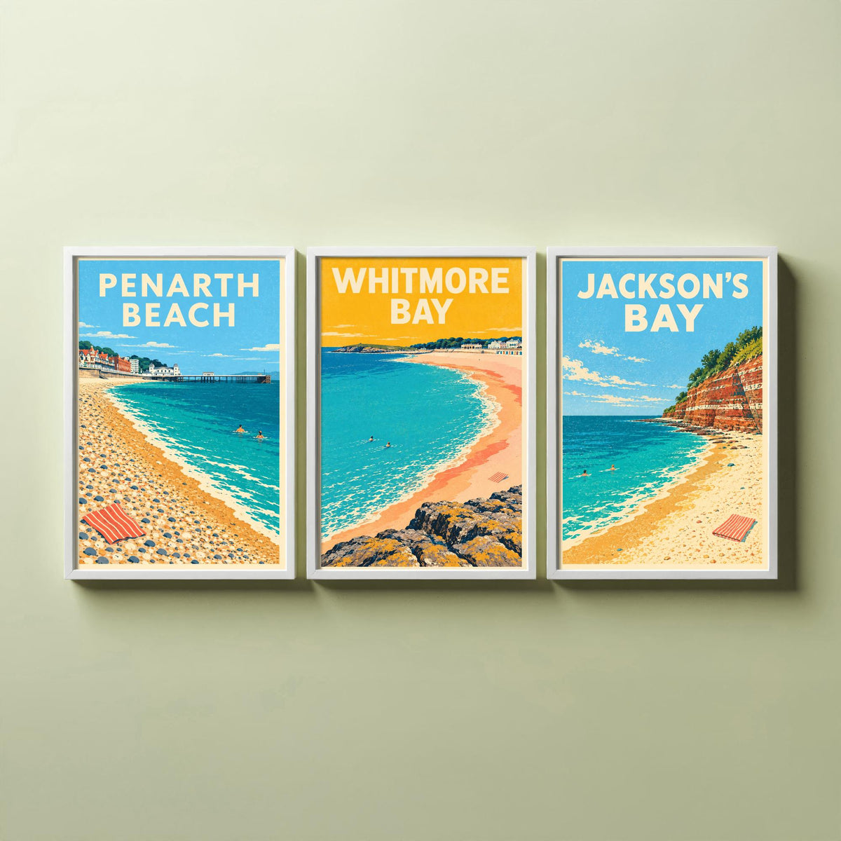 Penarth, Whitmore Bay and Jackson's Bay Set of Three Art Prints - Dappled Blue Glamorgan Beach Posters - Retro Seaside Illustration V1