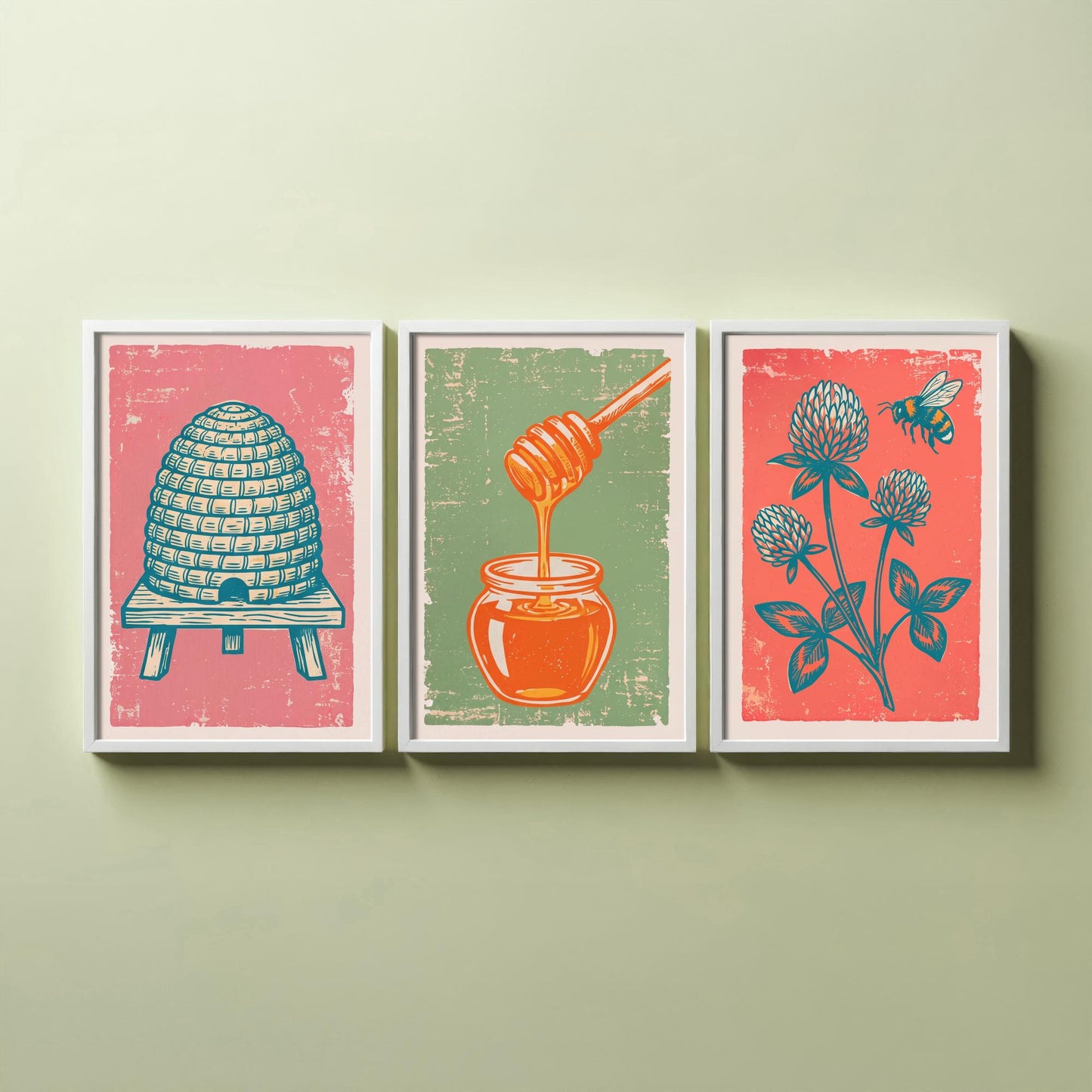 Set of Three Skep Beehive, Honey Dipper and Clover Art Prints - Bee Linocut Illustrations - Honey Kitchen Posters V2