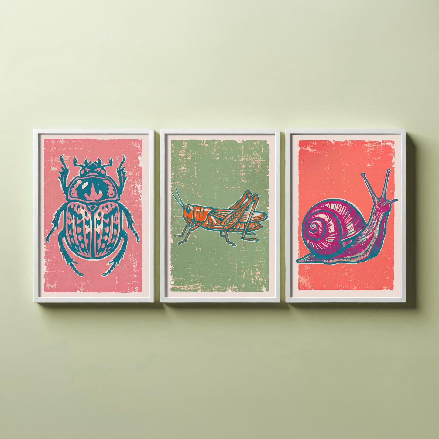 Scarab Beetle, Grasshopper and Snail - Set of Three Linocut Illustrations - Bug Art Prints - Nature Study Triptych Posters V2