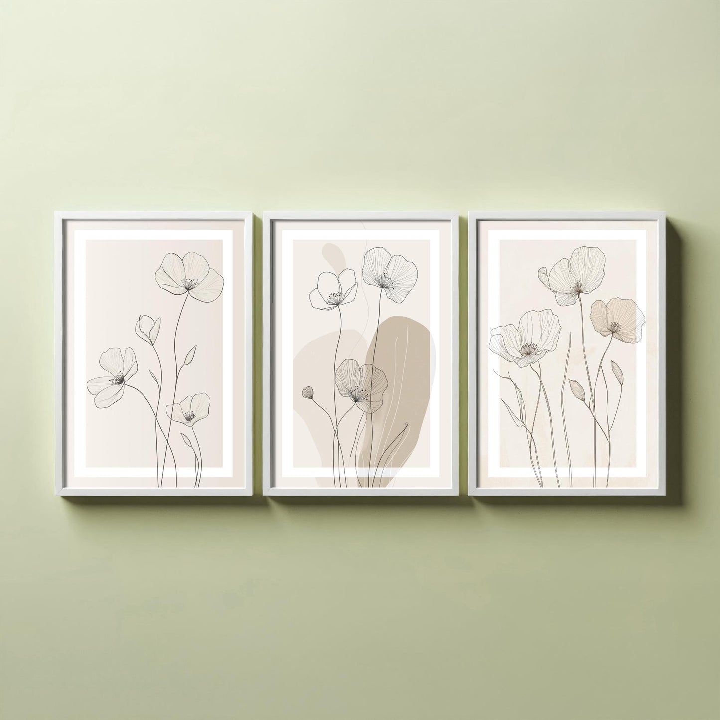 Beige Flower Line Art Set of Three Prints - White Framed Botanical Posters - Minimalist Neutral Illustration Wall Art Decor