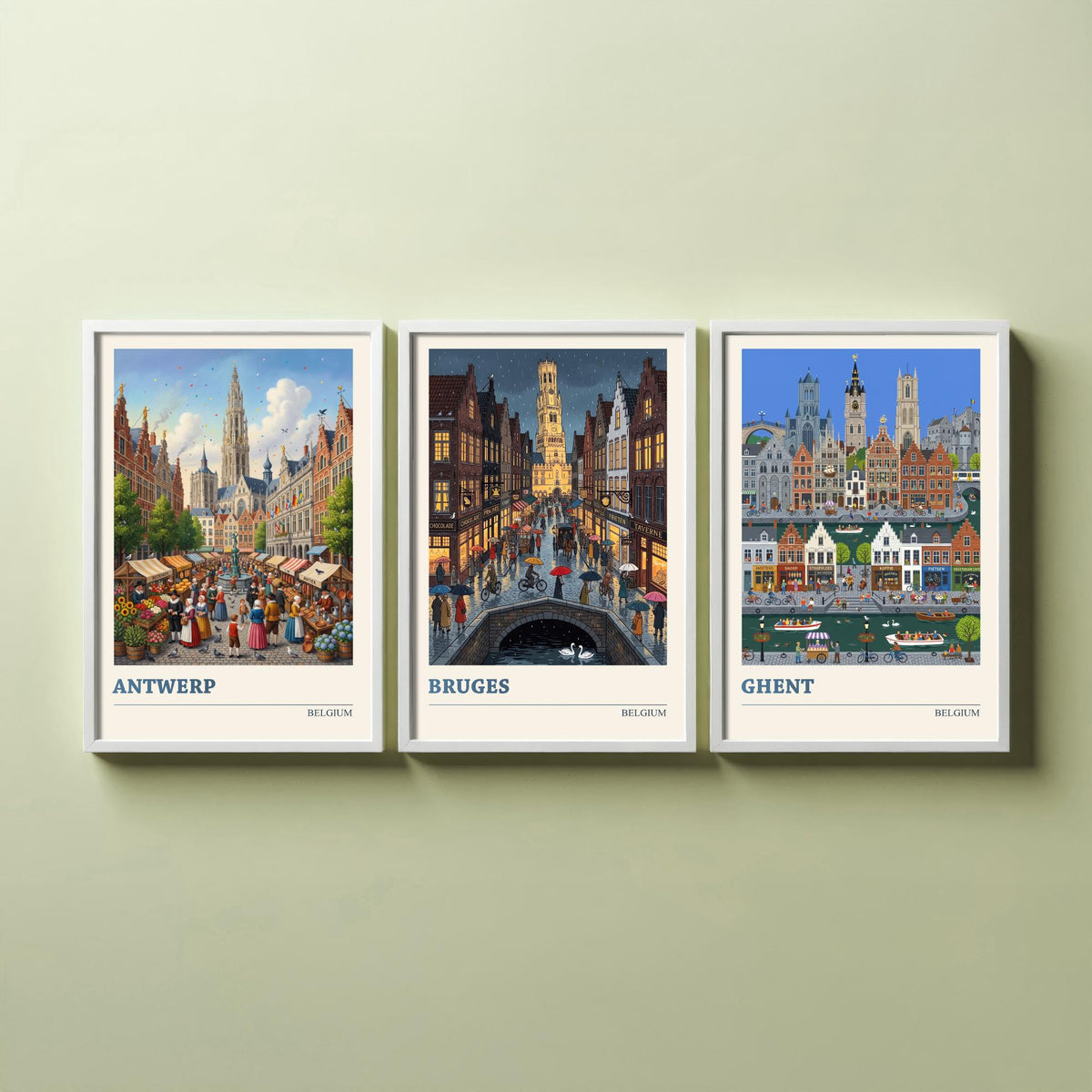 Belgium Set of Three Art Prints - Antwerp, Bruges, Ghent - 3 Colourful Folk Illustration Travel Posters - Flemish Painting