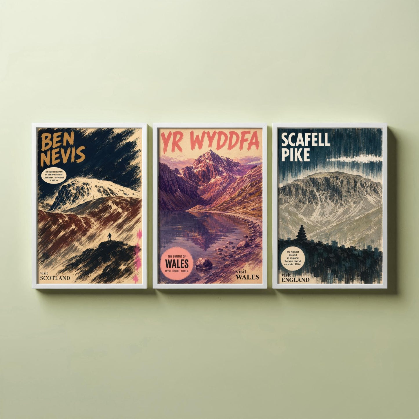 Three Peaks Set of Three Art Prints - Ben Nevis, Yr Wyddfa, Scafell Pike - Vintage Travel Posters - Mountain Gouache Painting V1