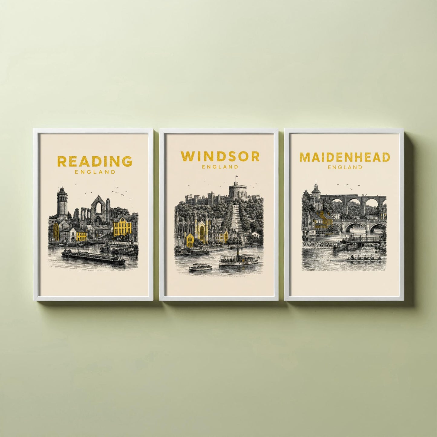 Set of Three Berkshire Travel Posters - Reading, Windsor, Maidenhead - Vintage Duotone Art Prints - England Illustration Gift