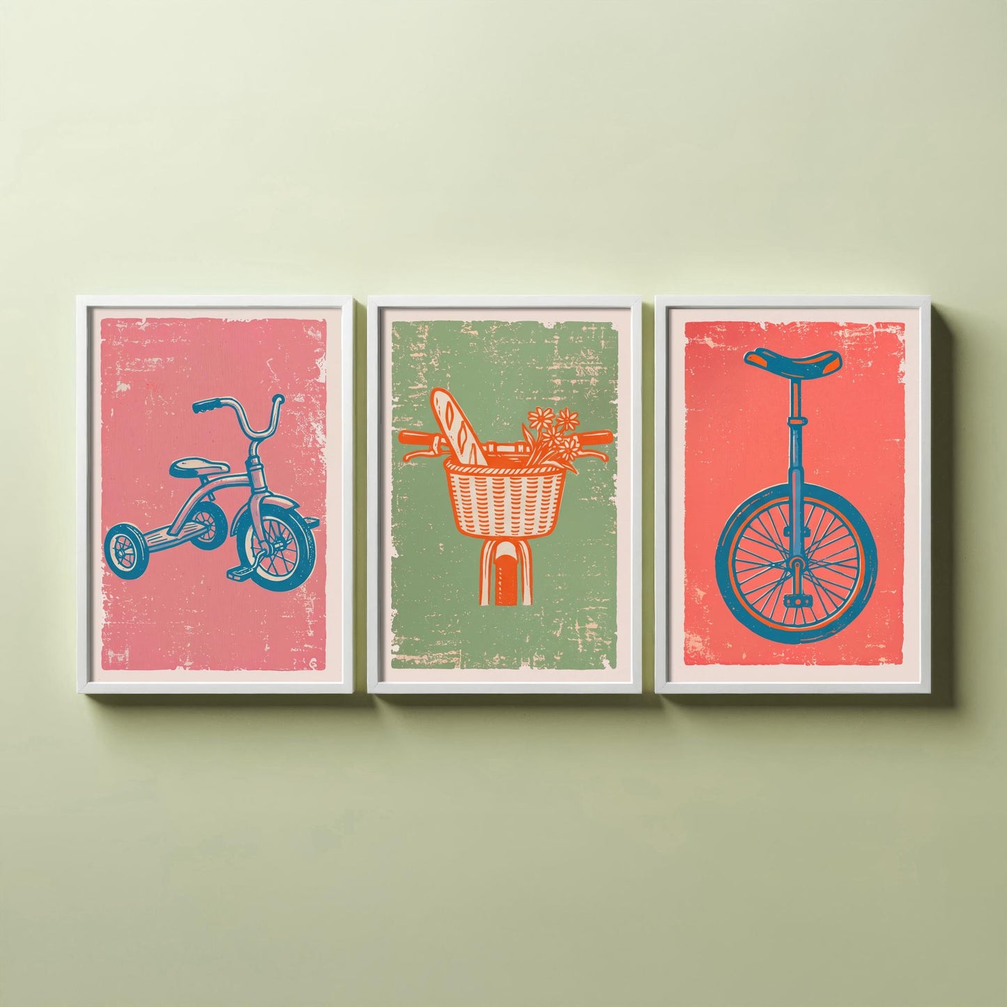 Tricycle, Bicycle Basket & Unicycle - Set of Three Bike Art Prints - Linocut Illustrations - Cycling Posters V2