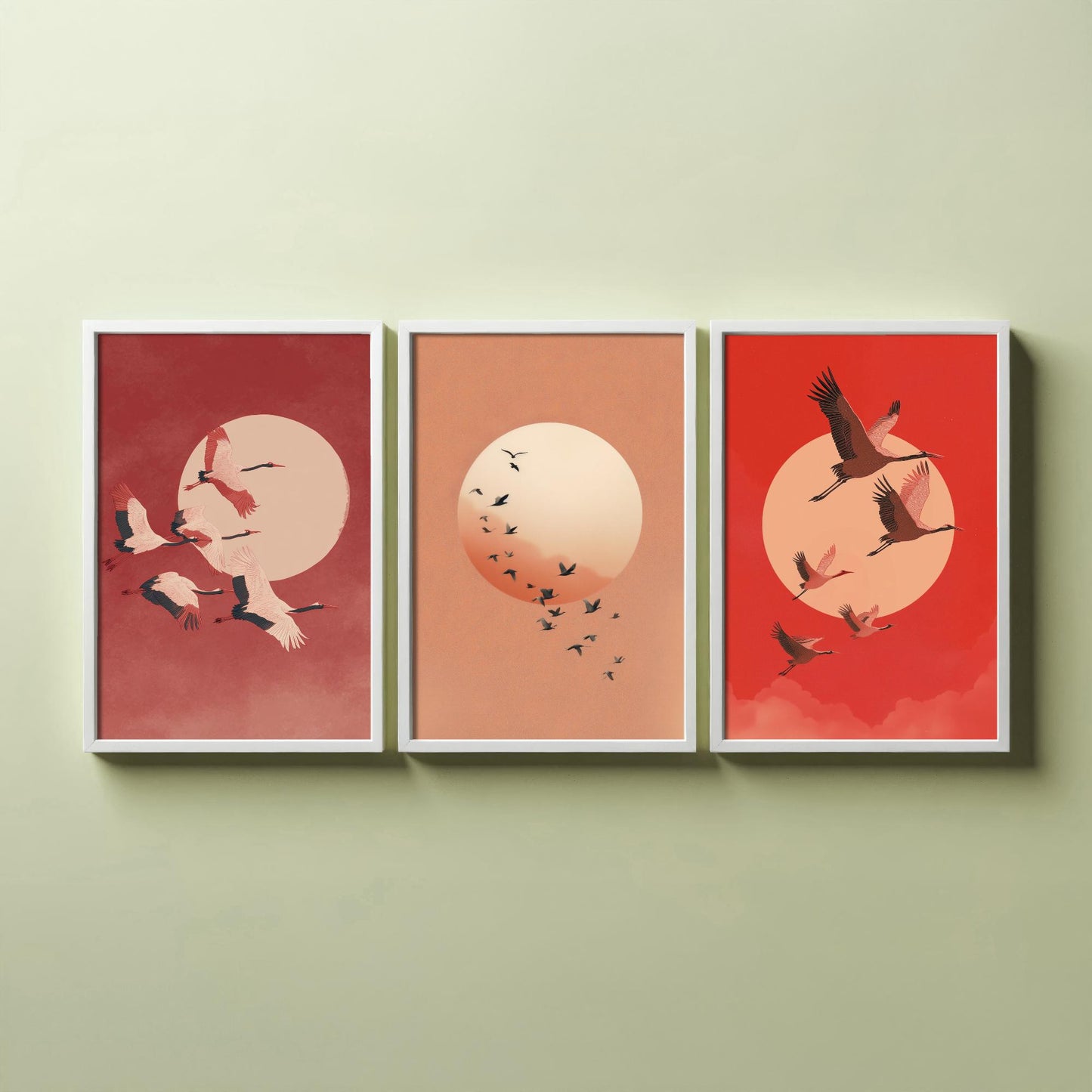 Red Cranes Set of Three Art Prints - Birds and Rising Sun Posters - Japandi Style Crimson Bird Flock Illustration Wall Decor