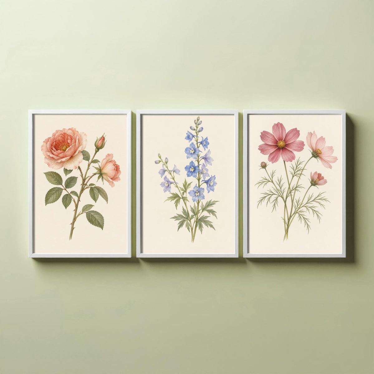 June, July and October Birth Flower Set of Three Art Prints - Rose, Larkspur, Cosmos - Soft Watercolour Botanical Illustration Posters