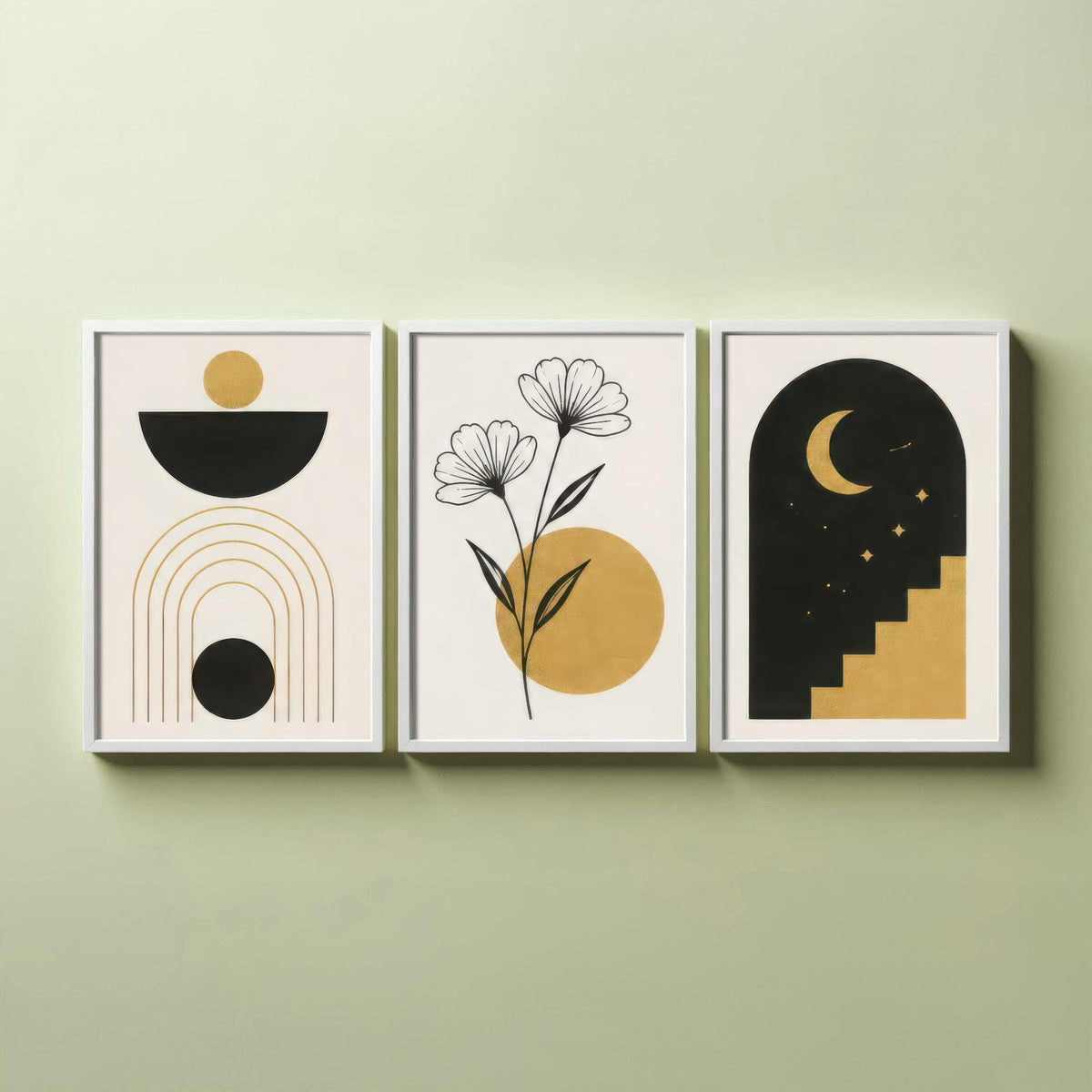 Black and Gold Celestial Set of Three Art Prints - Sun Bowl and Arches, Line Art Flowers, Moon Stairway Arch - Boho Illustration Poster V2