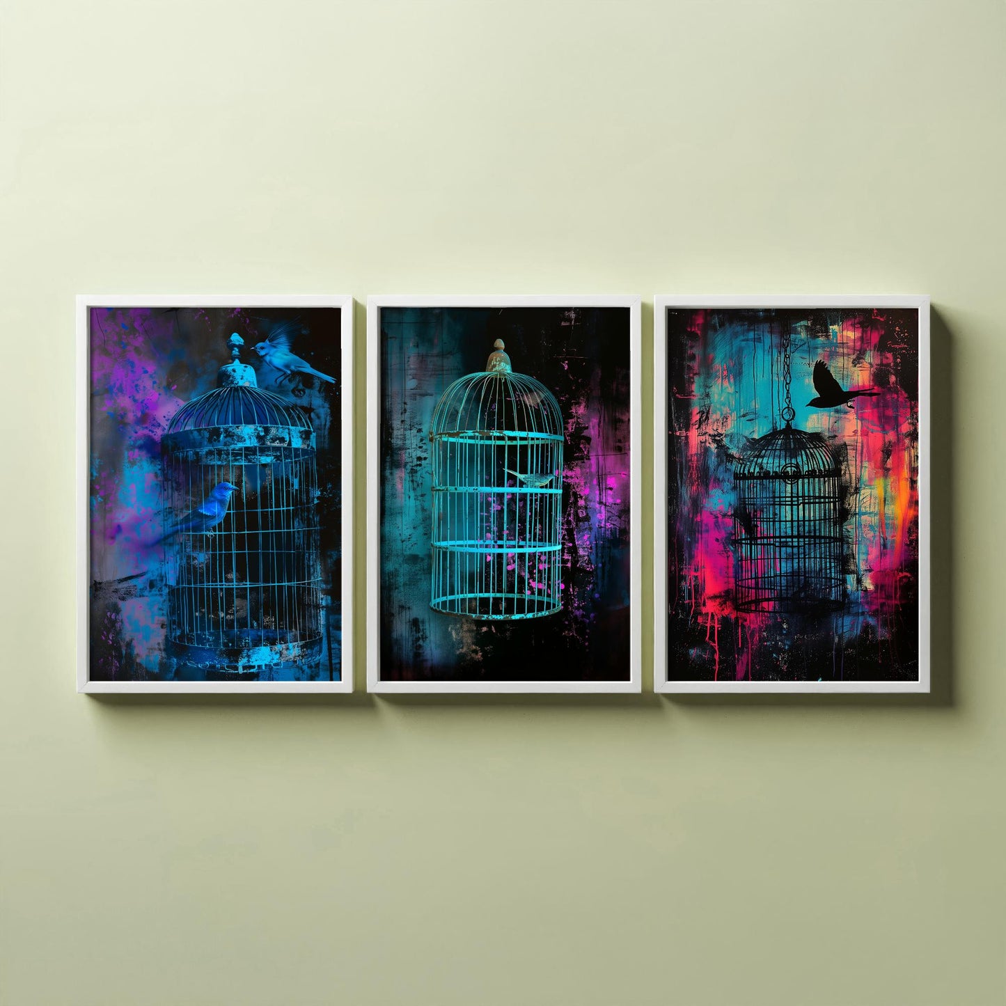 Blue Bird Cage Set of Three Art Prints - Neon Grunge Birdcage Posters - Teal Pink Street Art Style Illustration Wall Decor