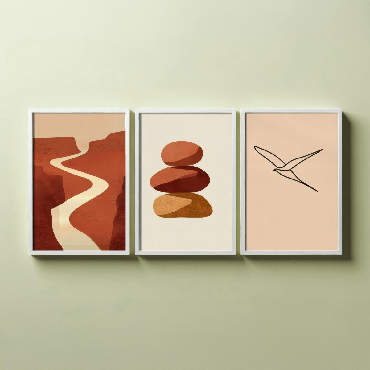 Terracotta Canyon River, Stacked Stones and Line Art Bird Poster - Boho Abstract Desert Set of Three Art Prints - Neutral Illustration V2