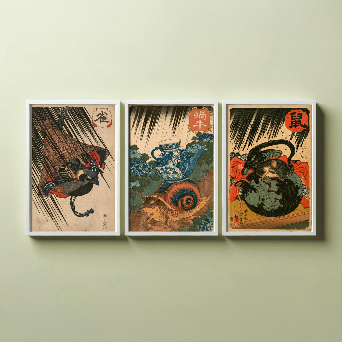 Borrowed Homes Set of Three Art Prints - Sparrow, Snail and Dormouse Sheltering - Japanese Ukiyo-e Woodblock Posters V1 - After Kuniyoshi