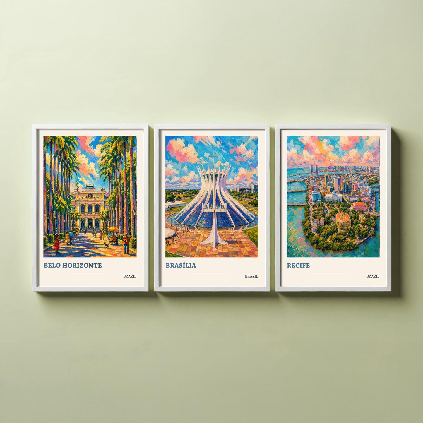 Brazil Set of Three Travel Posters V3 - Belo Horizonte, Brasilia, Recife - 3 Vibrant City Art Prints Painting Illustration Map Gift