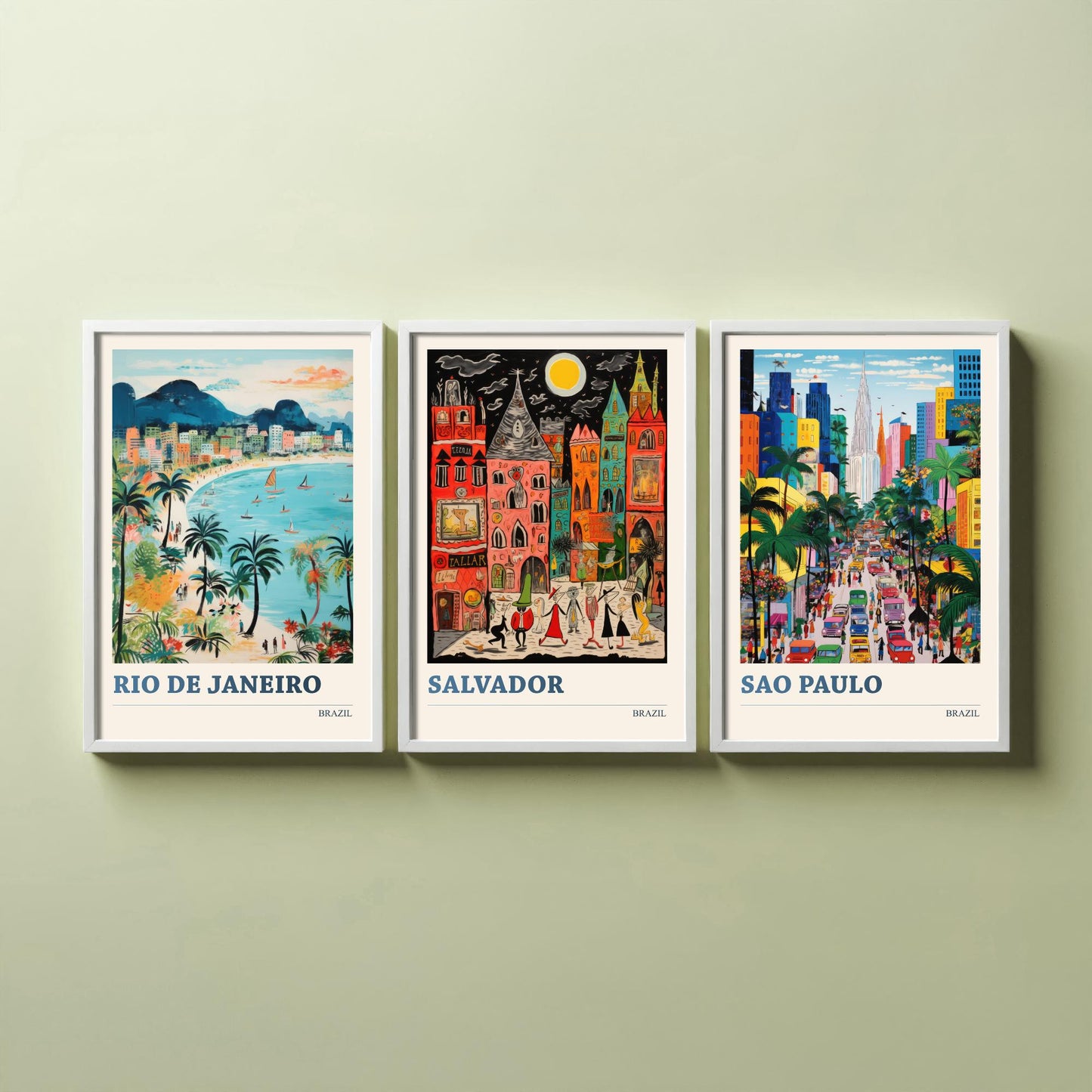 Brazil Set of Three Prints | Rio de Janeiro Salvador Sao Paulo | Colourful Folk Art Travel Painting Wall Poster