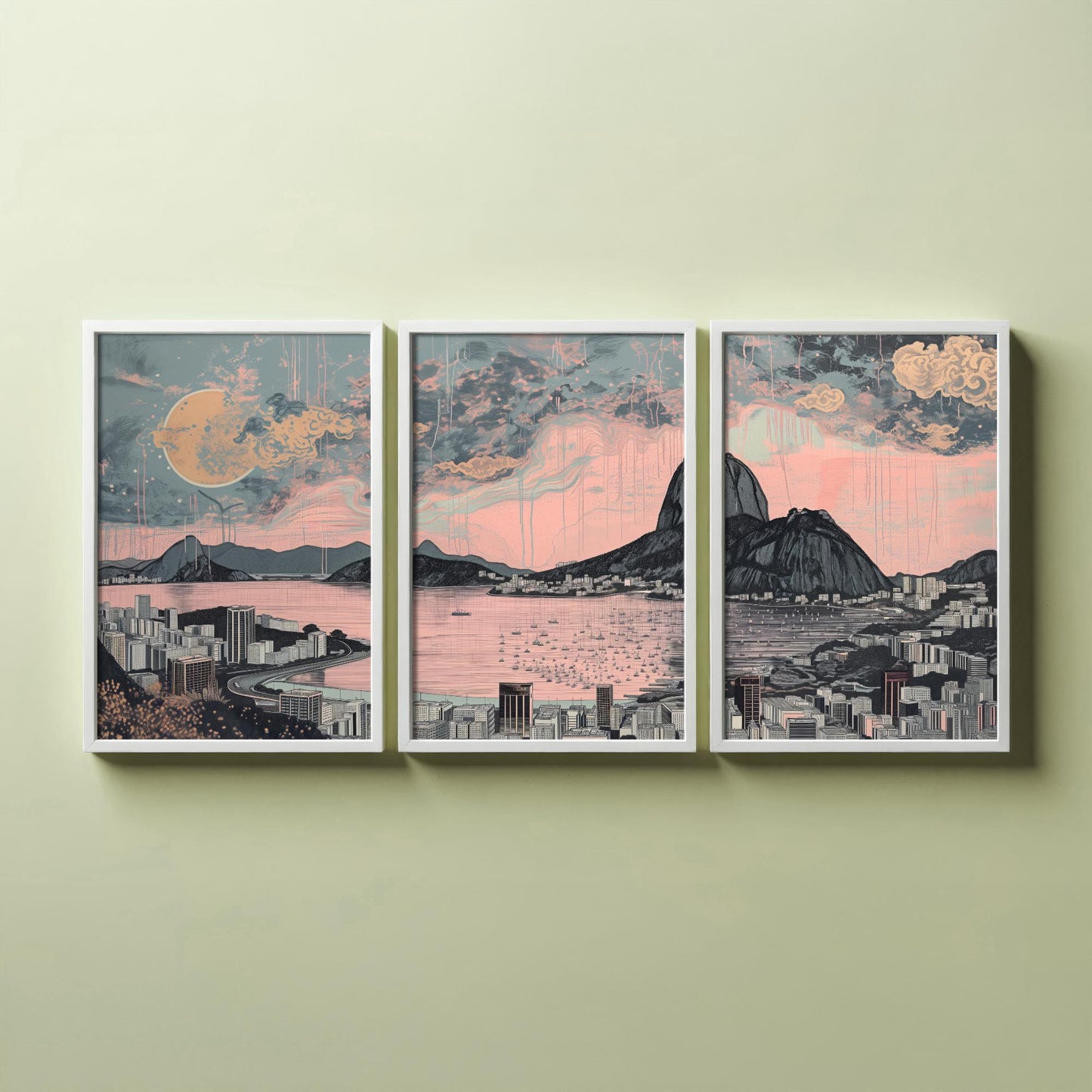 Rio de Janeiro Skyline Set of Three Art Prints - Sugarloaf Guanabara Bay Panorama - Pink Grey Line Illustration Poster Wall Decor