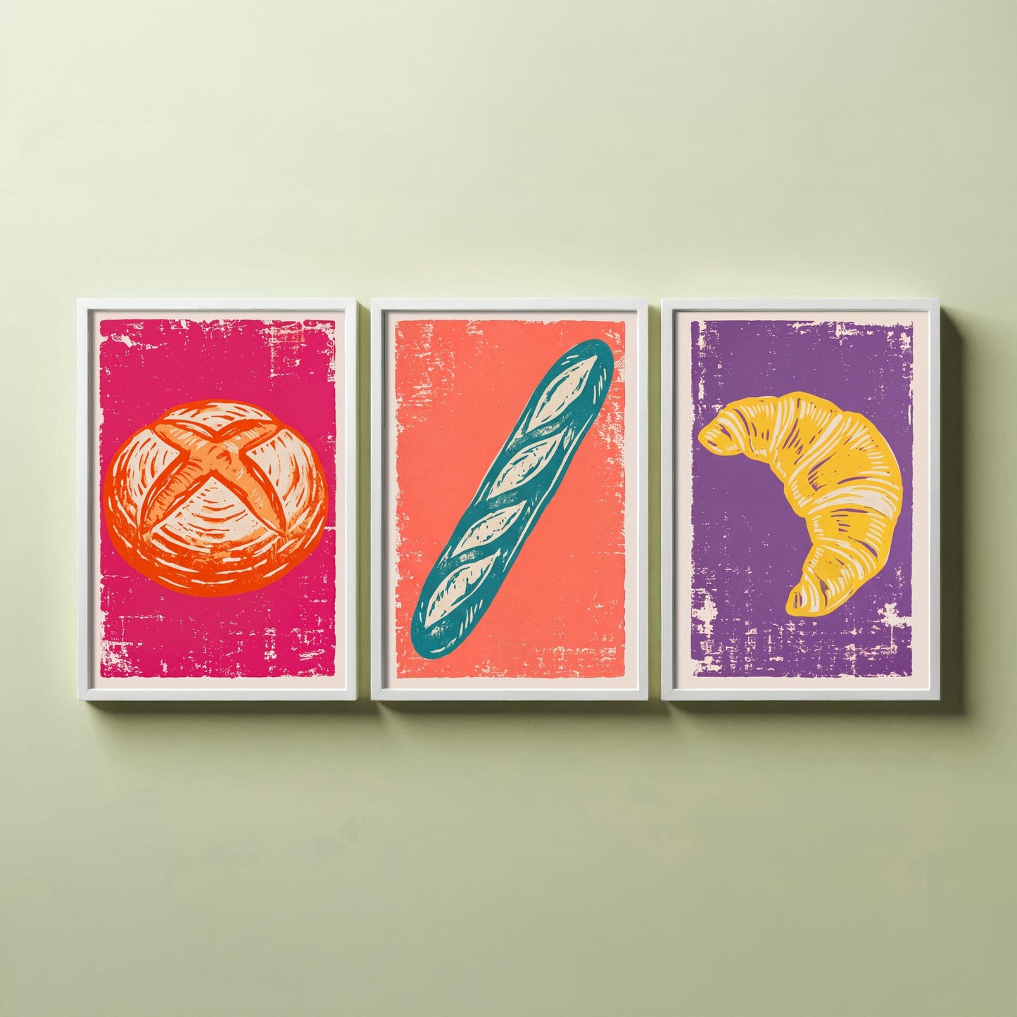 Sourdough, Baguette and Croissant - Set of Three Bread and Bakery Art Prints - Linocut Illustrations - Kitchen Posters V1