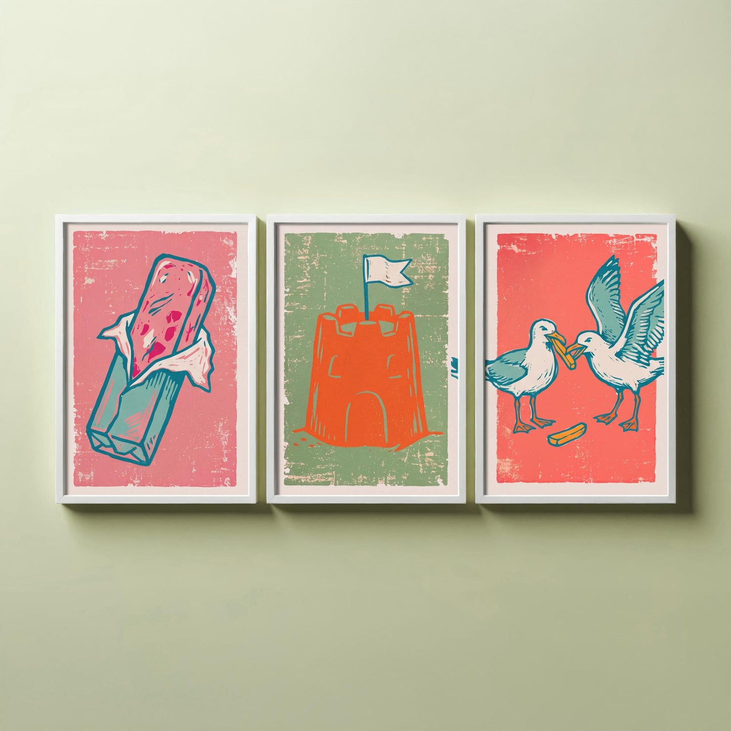 Set of Three British Seaside Art Prints - Stick of Rock, Sandcastle, Seagulls - Linocut Illustrations - Seaside Triptych Posters V2