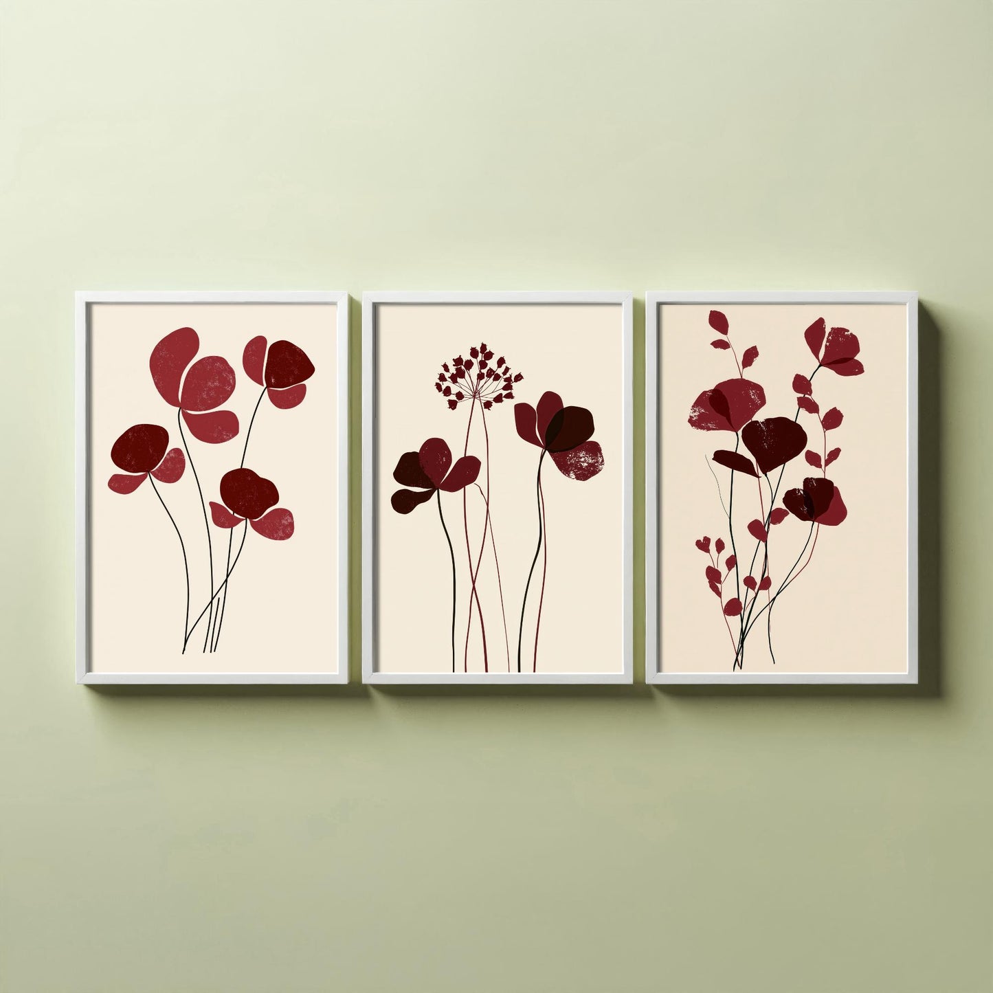 Burgundy Wildflower Stems Set of Three Art Prints - Minimalist Poppies and Seed Heads on Cream - Deep Red Botanical Posters Illustration