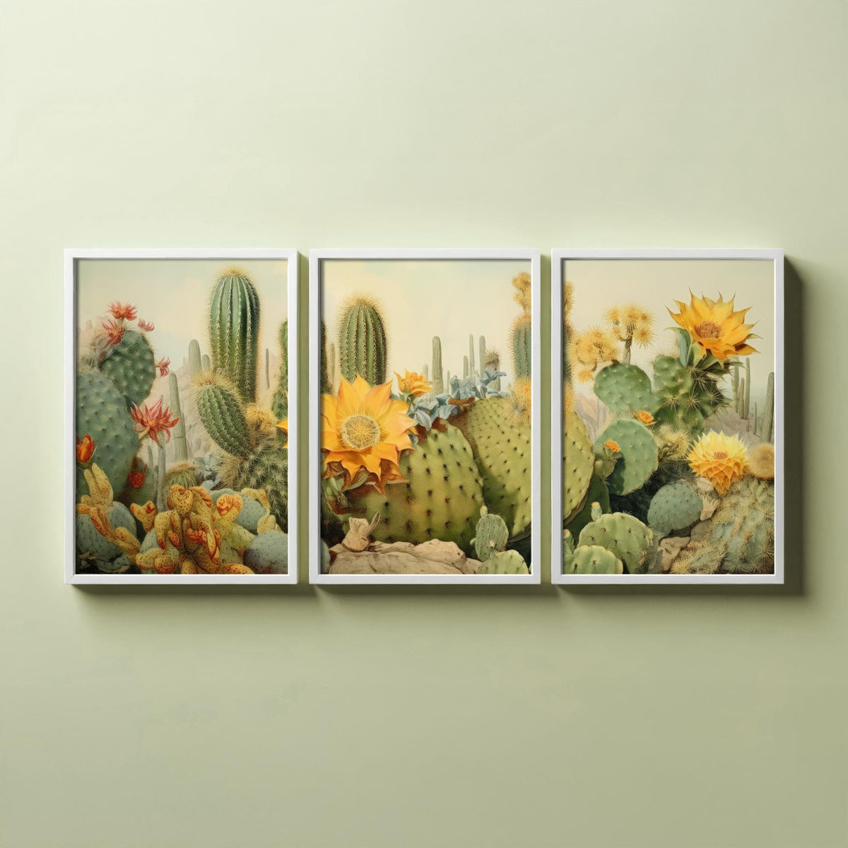 Desert Cactus Landscape Set of Three Art Prints, Southwestern Botanical Poster Watercolour