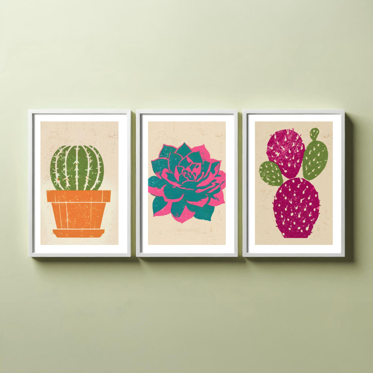 Bright Potted Cactus and Succulents Set of Three Art Prints - Barrel Cactus, Echeveria, Prickly Pear - Linocut Style Woodcut Poster V1