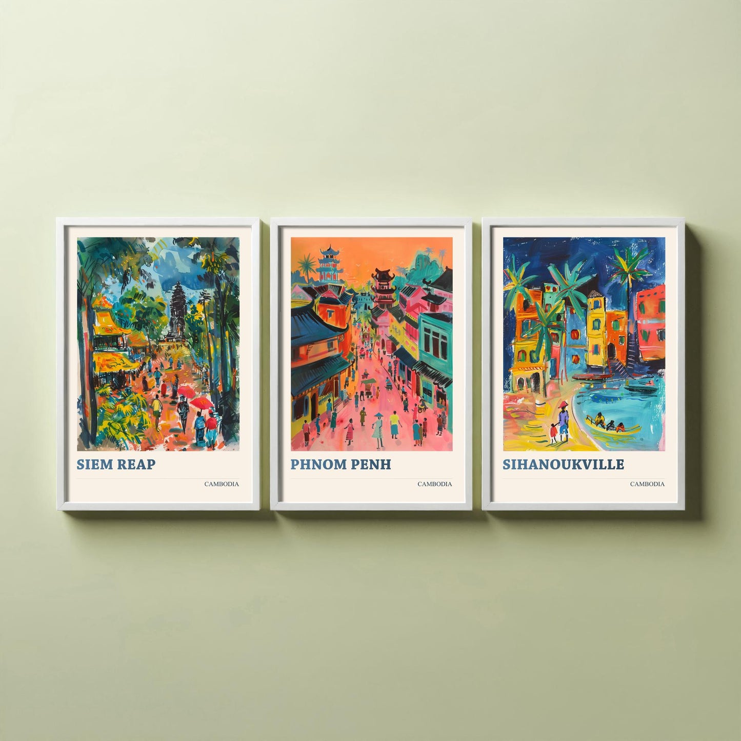 Cambodia Set of Three Prints | Siem Reap Phnom Penh Sihanoukville | Vibrant Travel Painting City Wall Art Poster