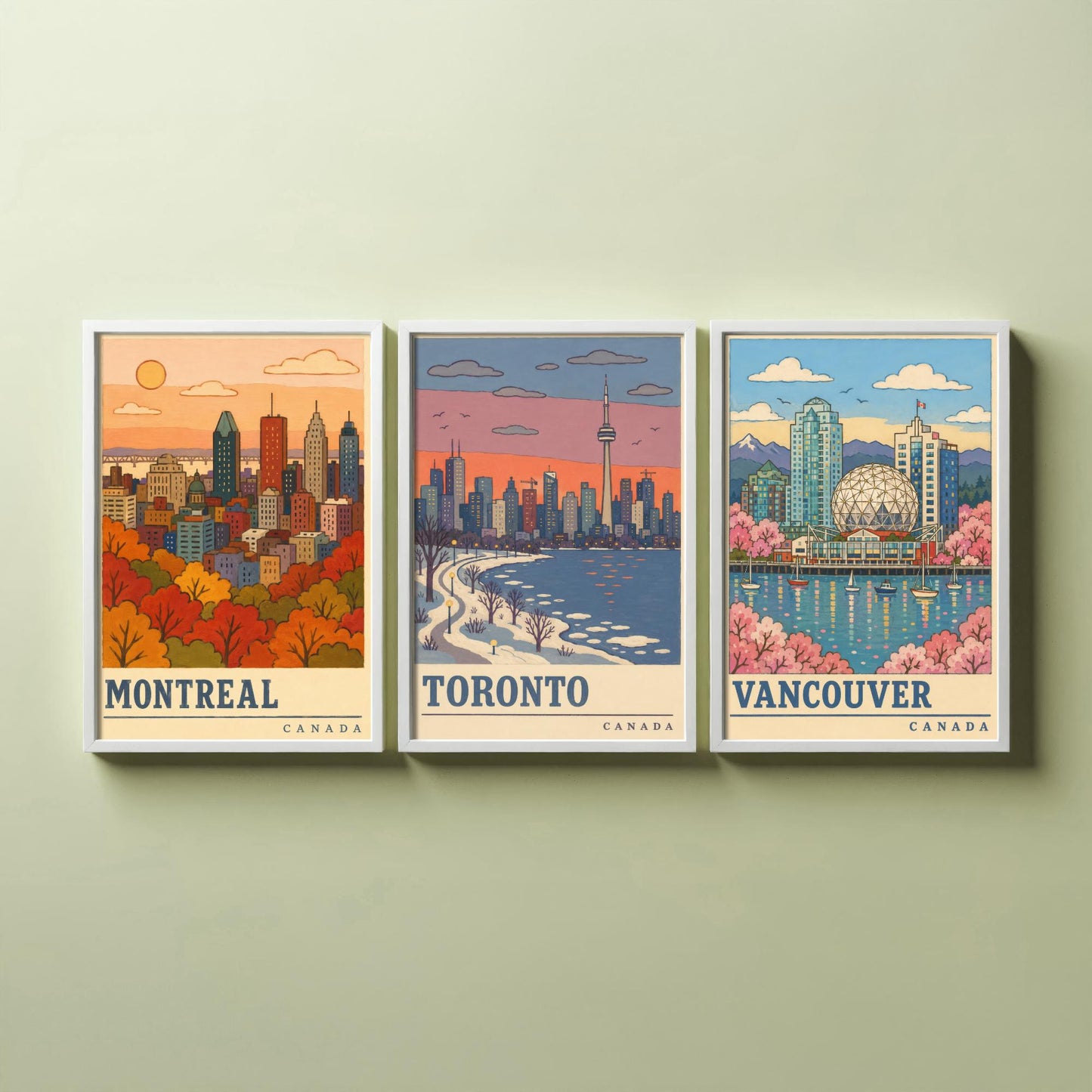 Canada Seasons Set of Three Art Prints - Montreal, Toronto, Vancouver - Autumn Winter Spring Travel Posters - Retro Illustration